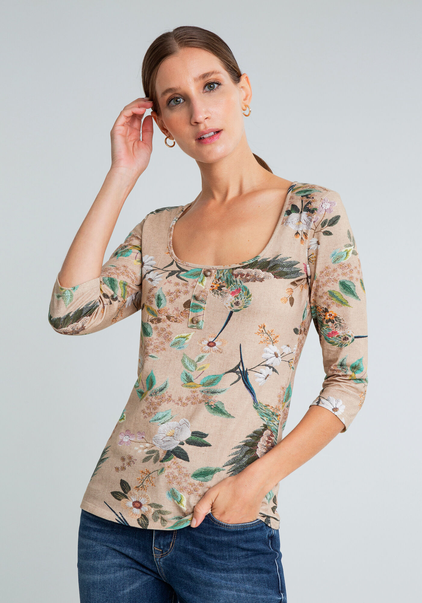 Blusa Manga 3/4 Bot&otilde;es Decote, BEIJA FLOR, large.