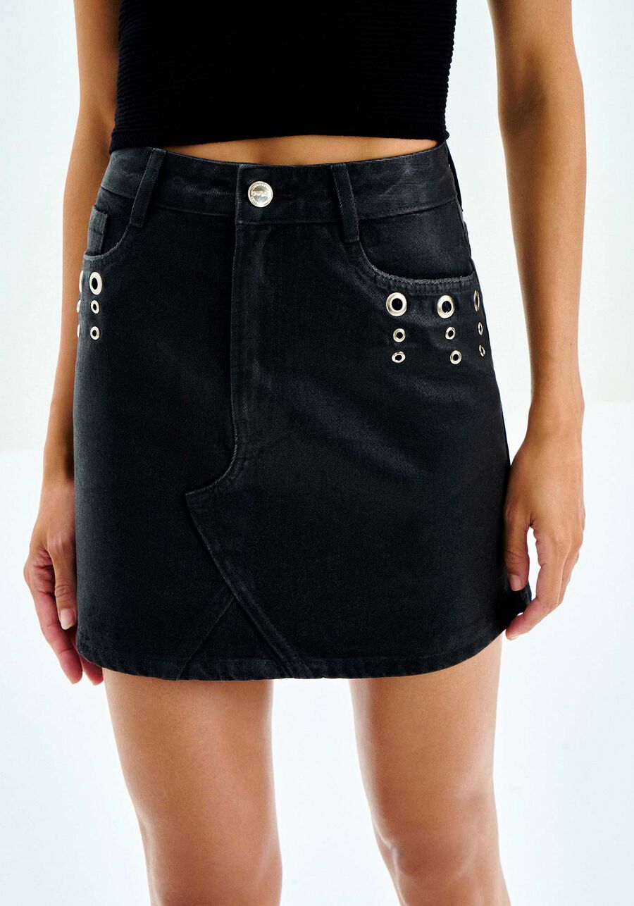 Saia Jeans Gloss Curta com Detalhe Ilhós, . Saia Jeans Gloss Curta com Detalhe Ilhós, , large.