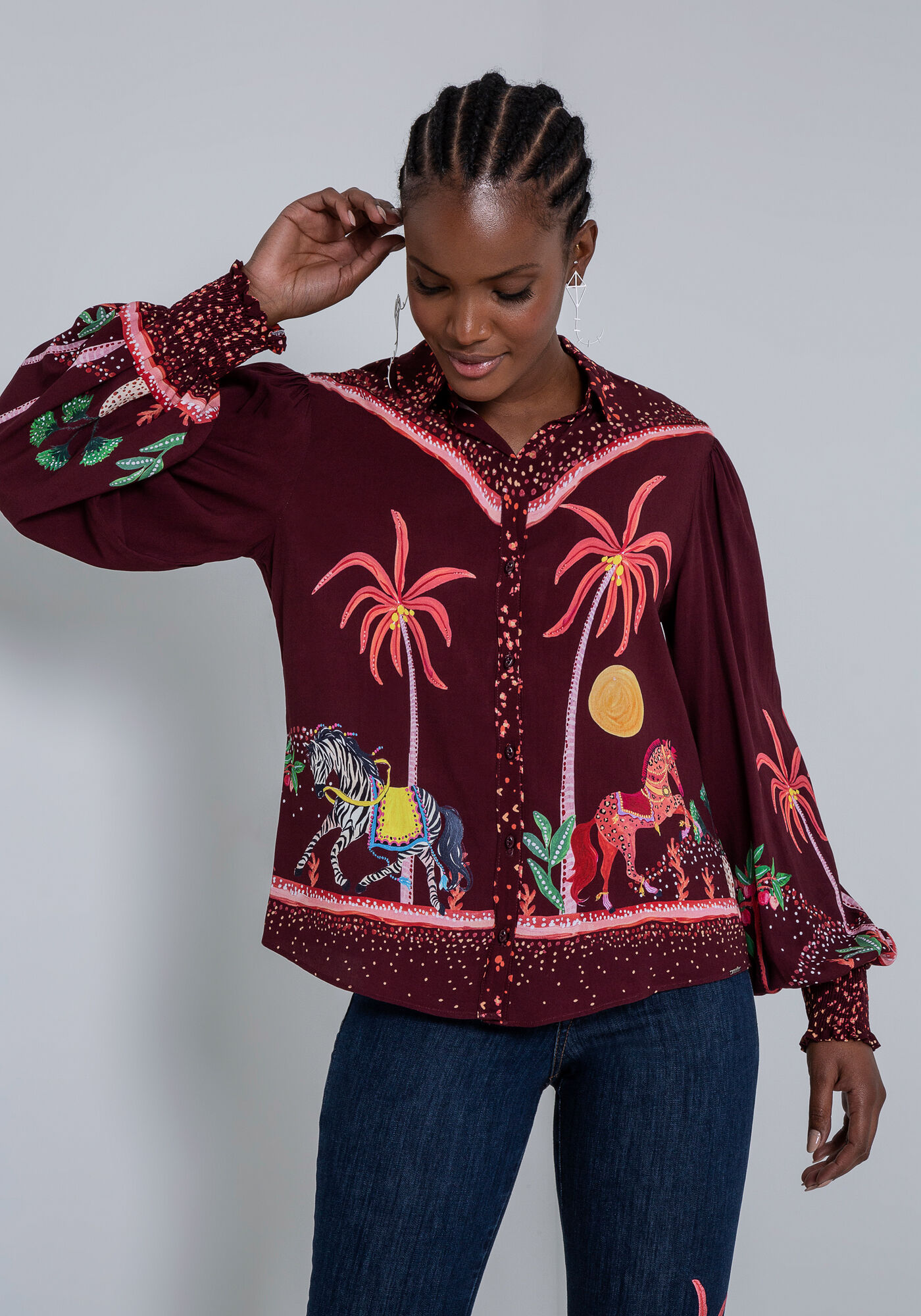 Camisa Manga Bufante em Viscose Ampla, NOITE ENCANTADA, large.