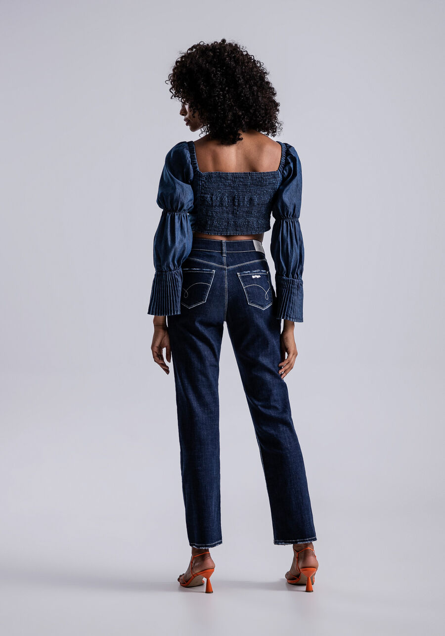 Blusa Jeans Manga Longa Cropped com Plissado, JEANS. Blusa Jeans Manga Longa Cropped com Plissado, JEANS, large.