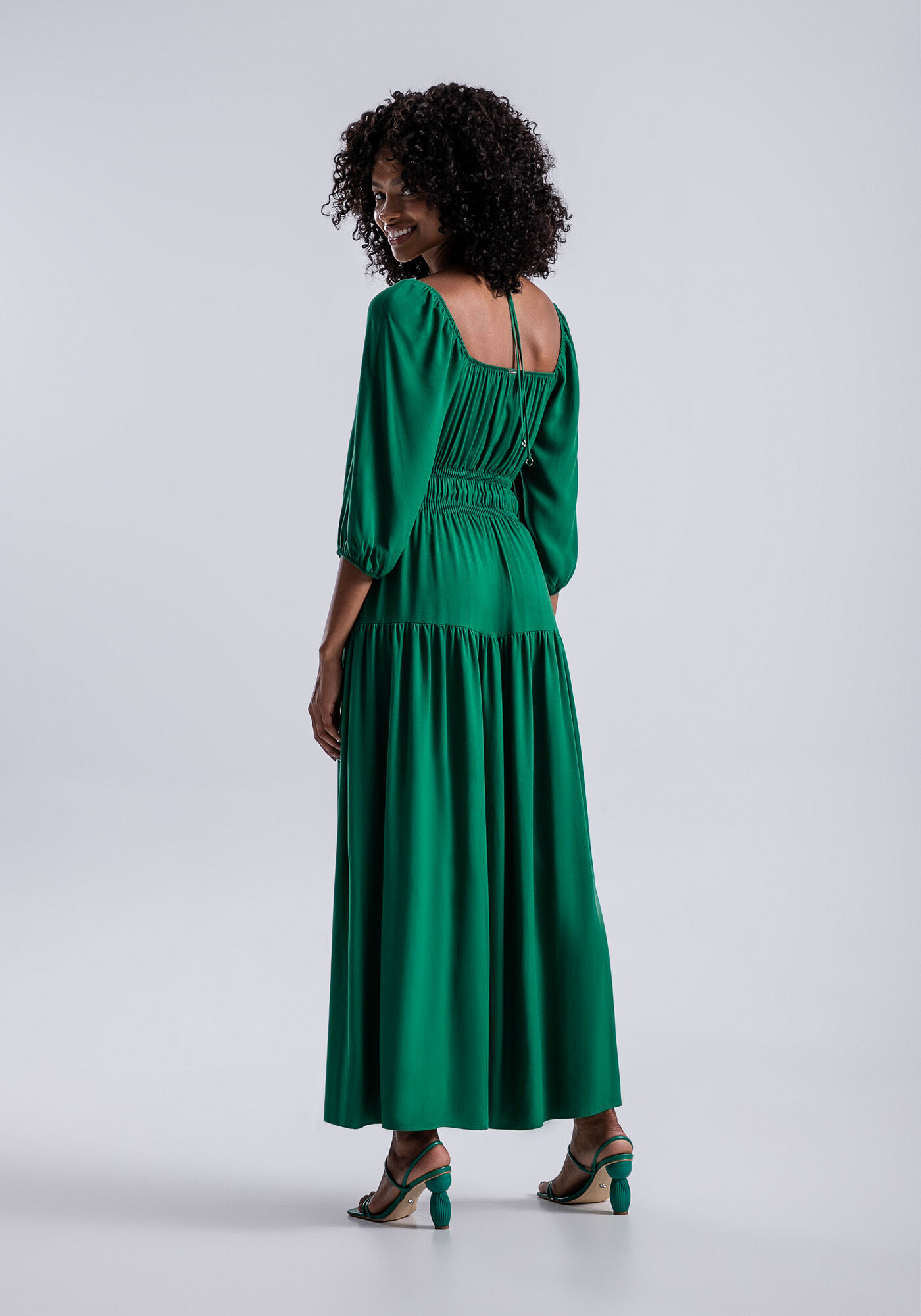 Vestido Longo em Viscose com Recorte e Franzido, , large.