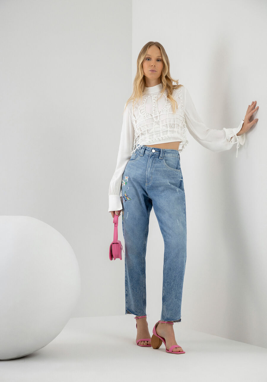 Blusa Manga Longa Cropped e Colete Bordado, BRANCO OFF WHITE. Blusa Manga Longa Cropped e Colete Bordado, BRANCO OFF WHITE, large.
