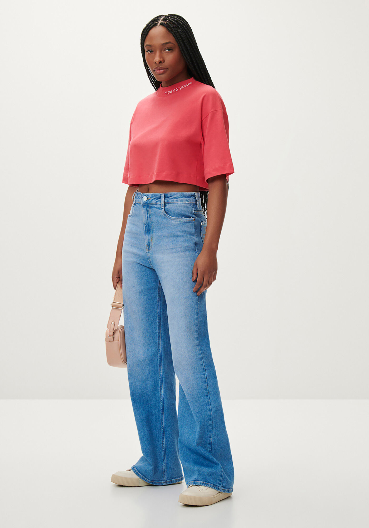 Cal&ccedil;a Jeans Wide Leg Cintura Alta com Bordado, JEANS, large.