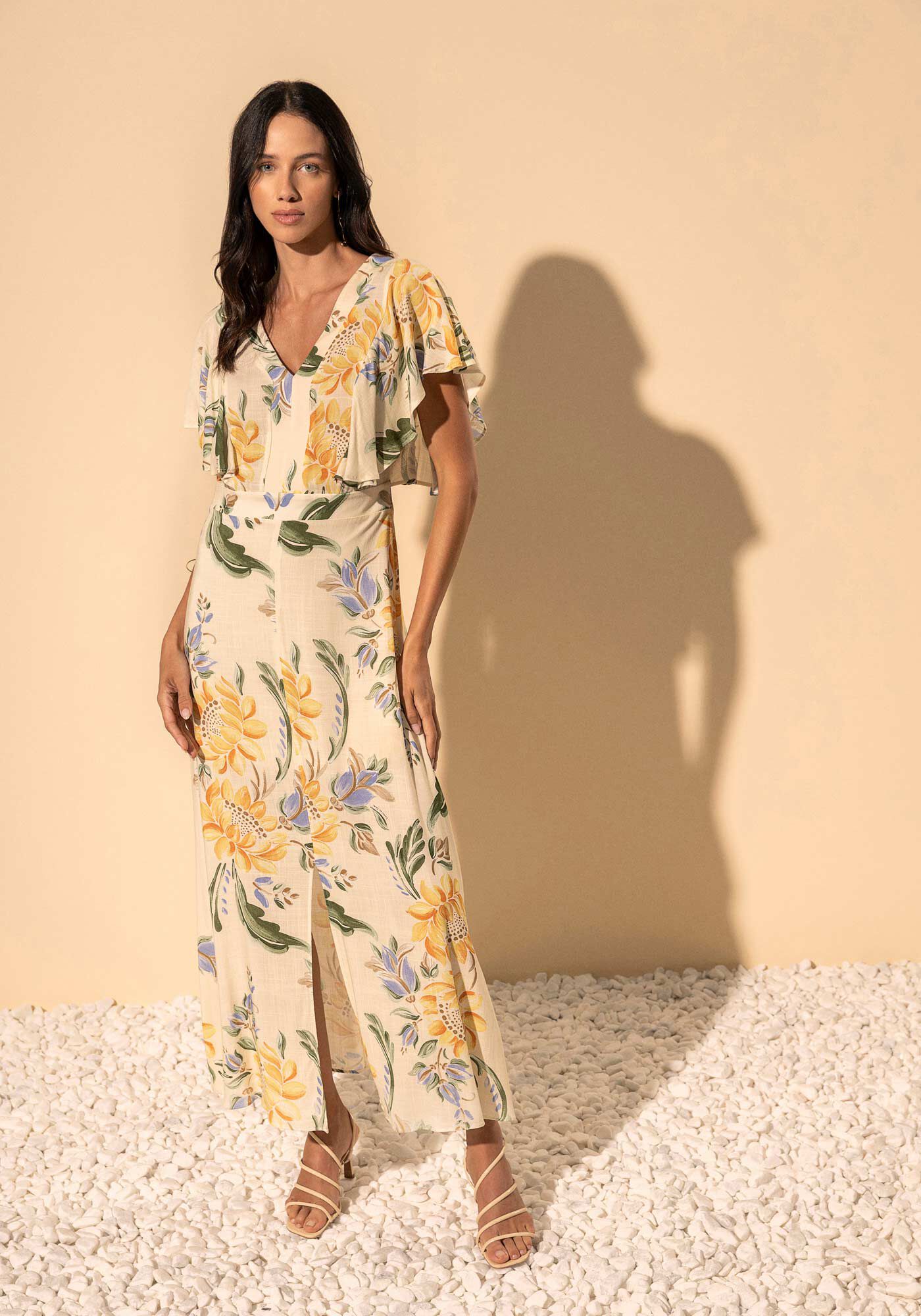 Vestido Ch&aacute; Estampado Com Mangas Amplas E Decote Nas Costas, SUNFLOWER AMARELO, large.