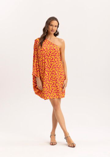 Vestido Curto Amplo Um Ombro Só Animal Print, VILLAGE AMARELO. Vestido Curto Amplo Um Ombro Só Animal Print, VILLAGE AMARELO, large.
