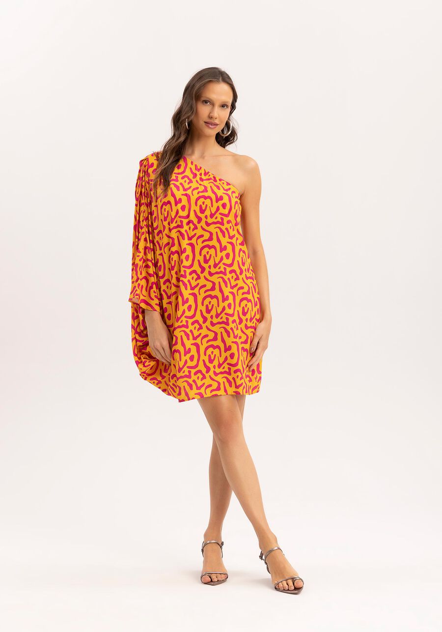 Vestido Curto Amplo Um Ombro Só Animal Print, VILLAGE AMARELO. Vestido Curto Amplo Um Ombro Só Animal Print, VILLAGE AMARELO, large.