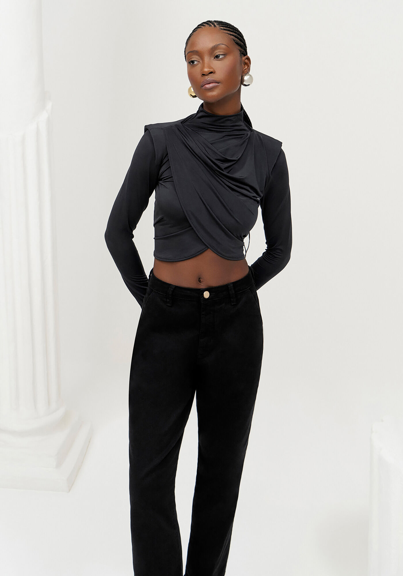 Blusa Cropped Manga Longa com Transpasse, , large.