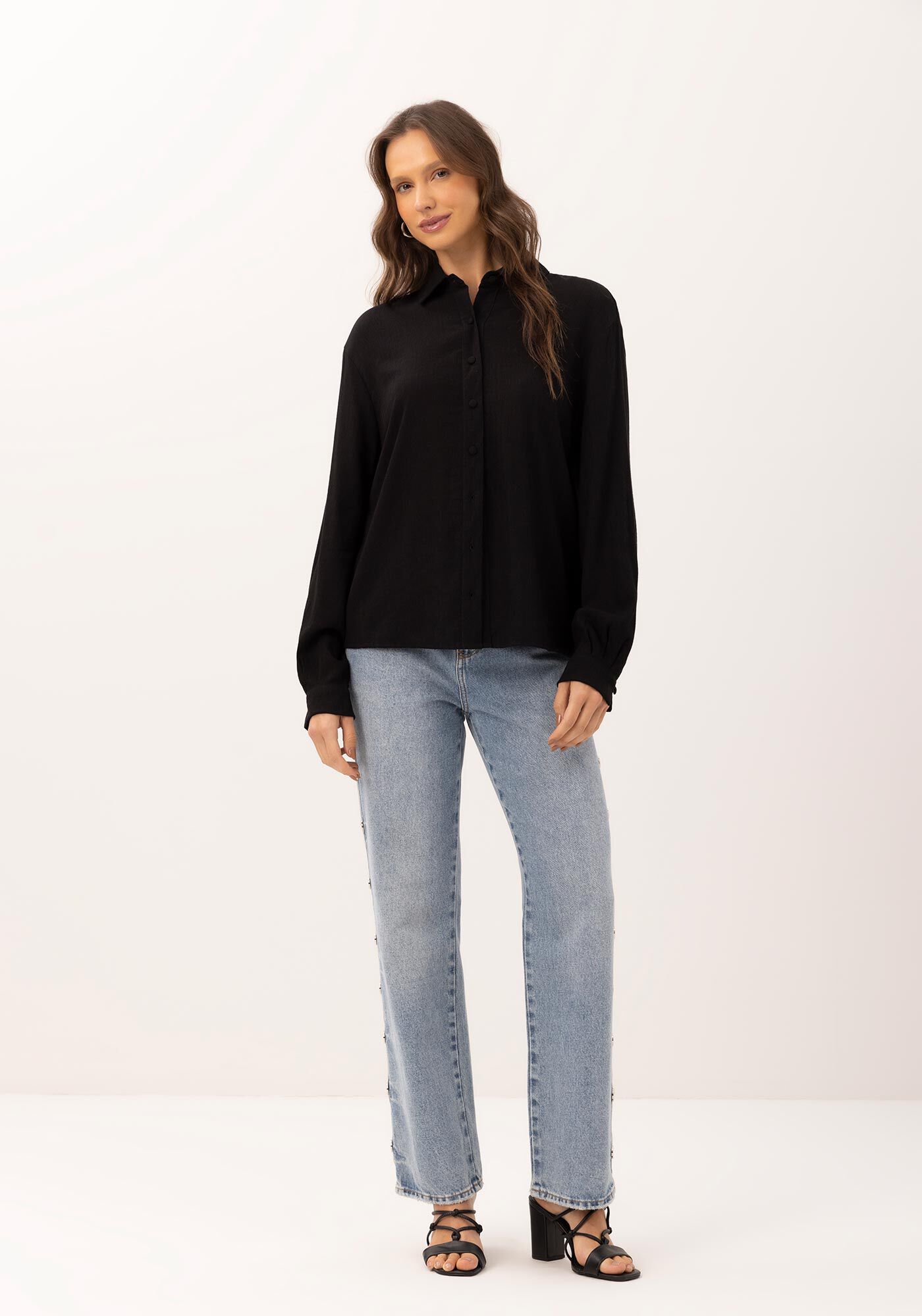 Camisa Manga Longa Alfaiataria em Viscose Texturizada, PRETO REATIVO, large.