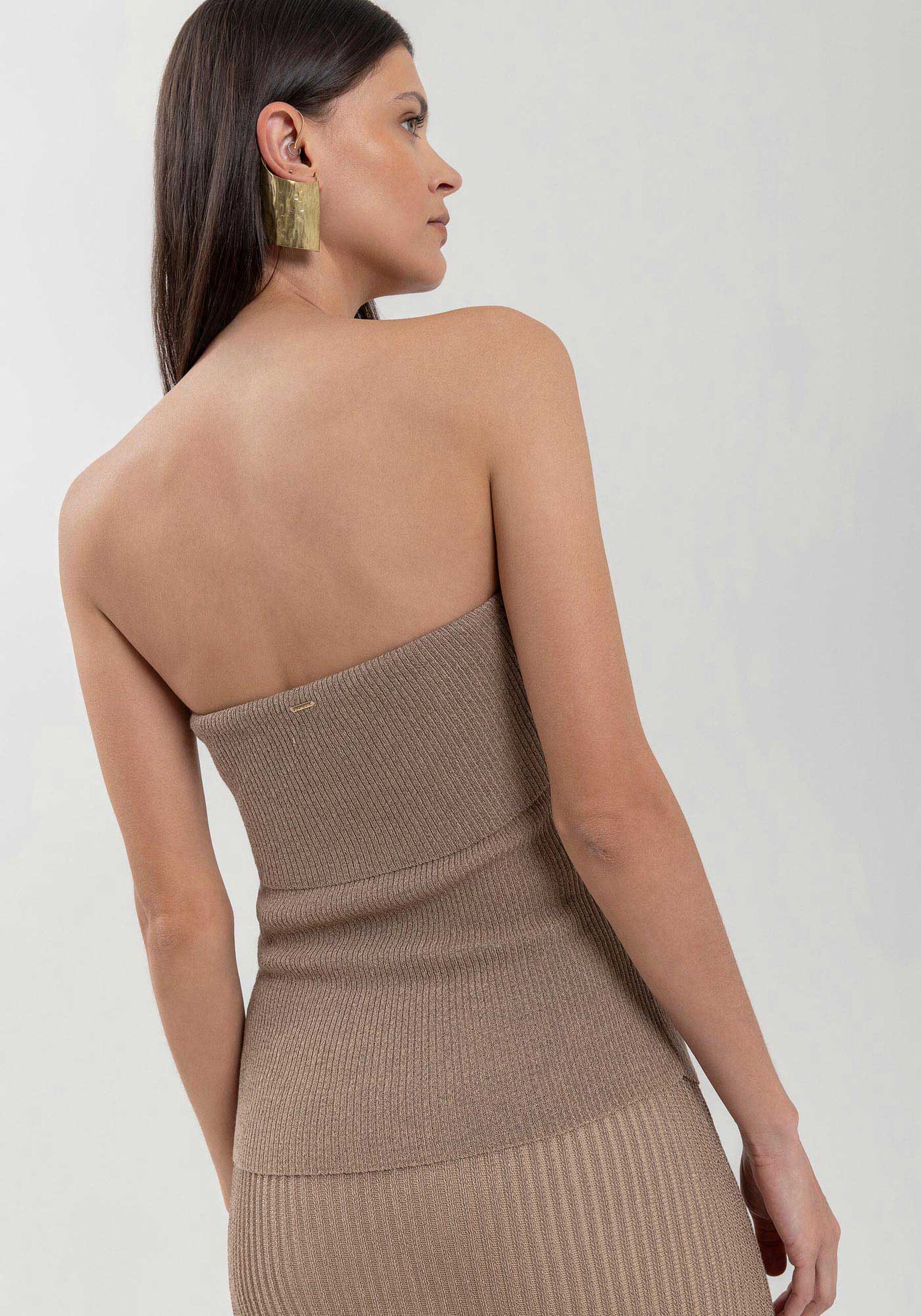 Blusa Sem Alças Em Tricô Com Fios De Lurex, BEGE CENTURY. Blusa Sem Alças Em Tricô Com Fios De Lurex, BEGE CENTURY, large.