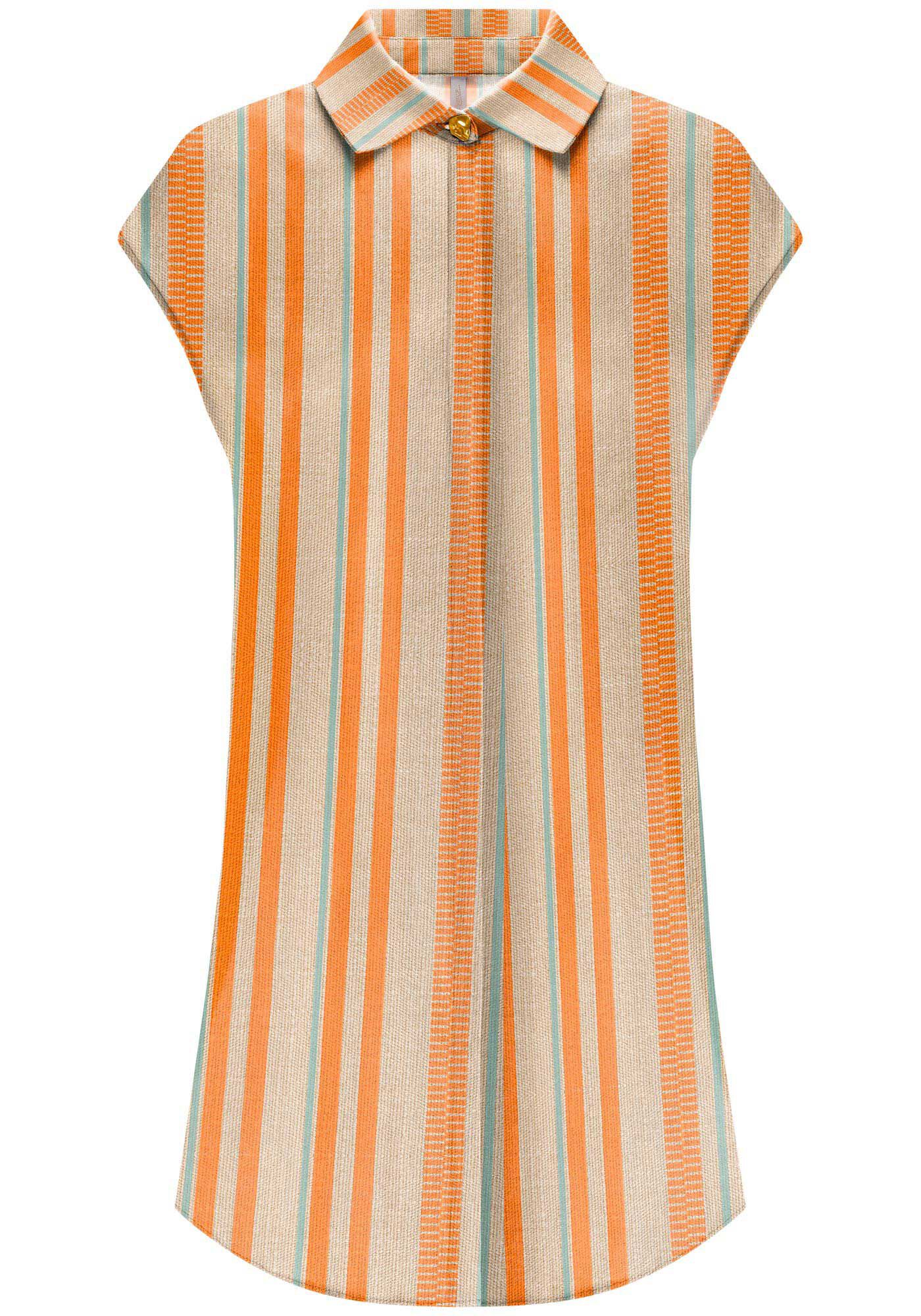 Camisa Manga Curta Alongada em Viscose Listrada, , large.