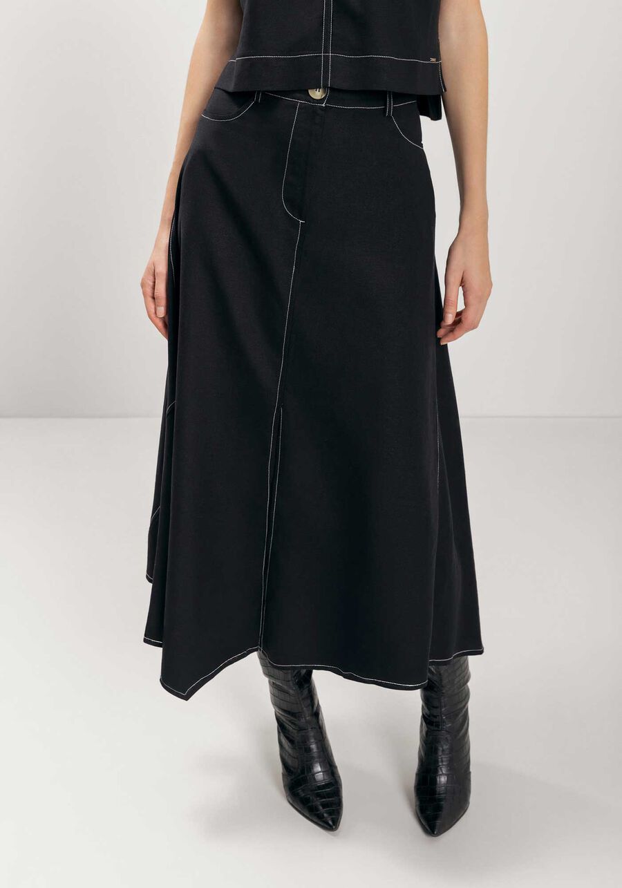 Saia Midi De Cintura Alta Com Fenda E Pesponto Contrastante, . Saia Midi De Cintura Alta Com Fenda E Pesponto Contrastante, , large.