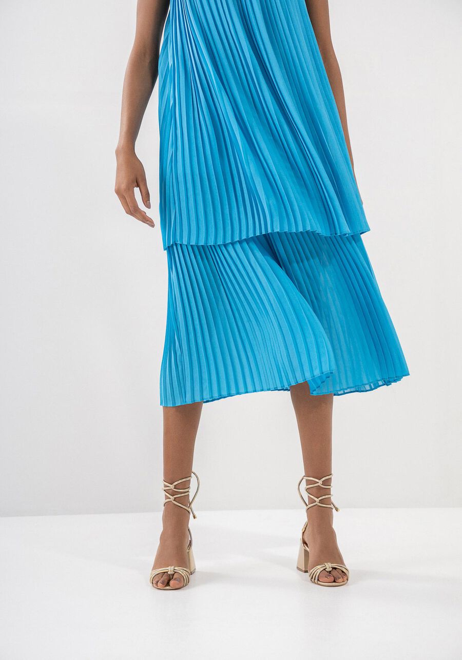 Vestido Midi Plissado com Babados e Cinto, AZUL ANGRA. Vestido Midi Plissado com Babados e Cinto, AZUL ANGRA, large.