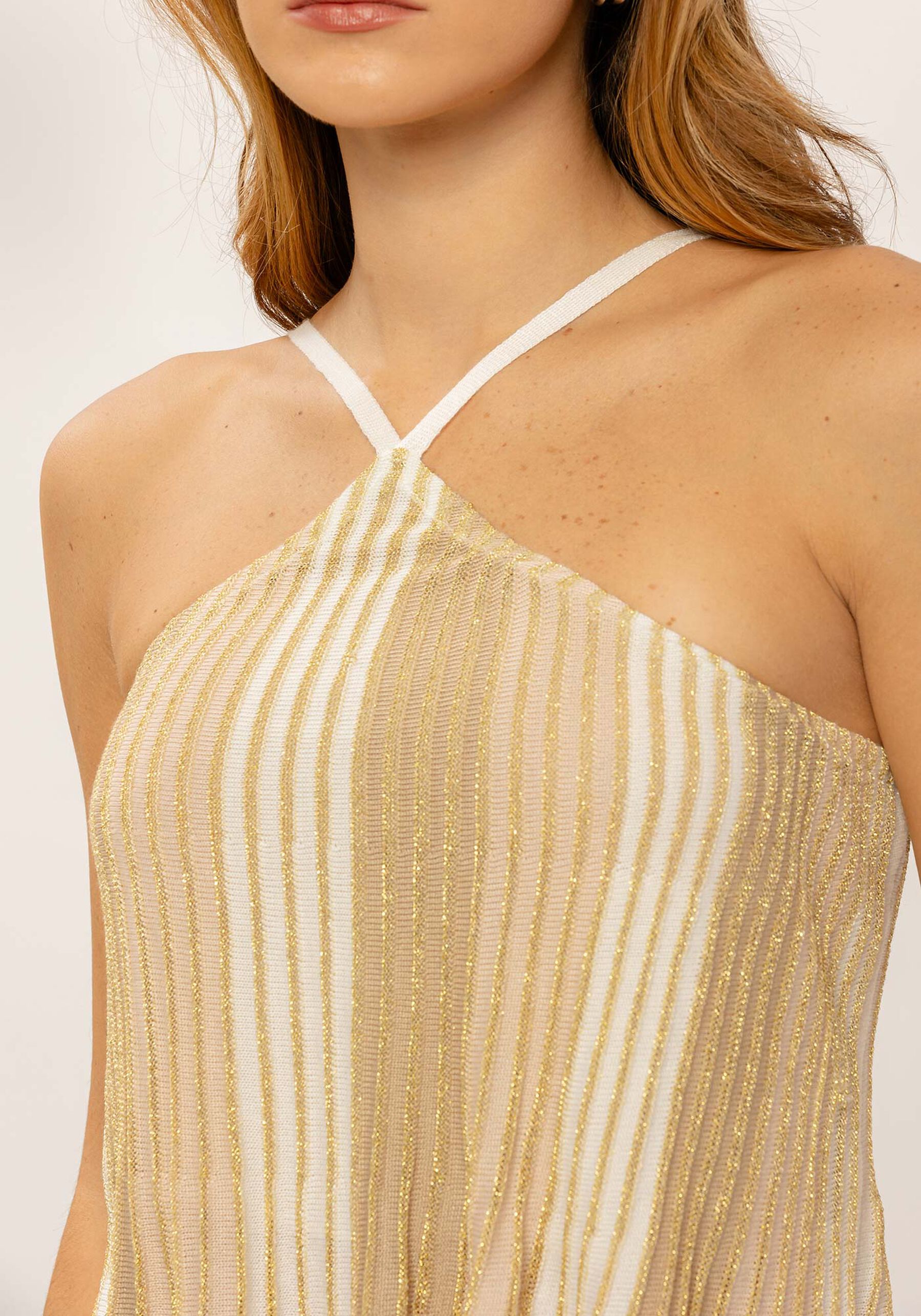 Blusa Um Ombro Só em Tricô com Lurex, BEGE CAQUI. Blusa Um Ombro Só em Tricô com Lurex, BEGE CAQUI, large.