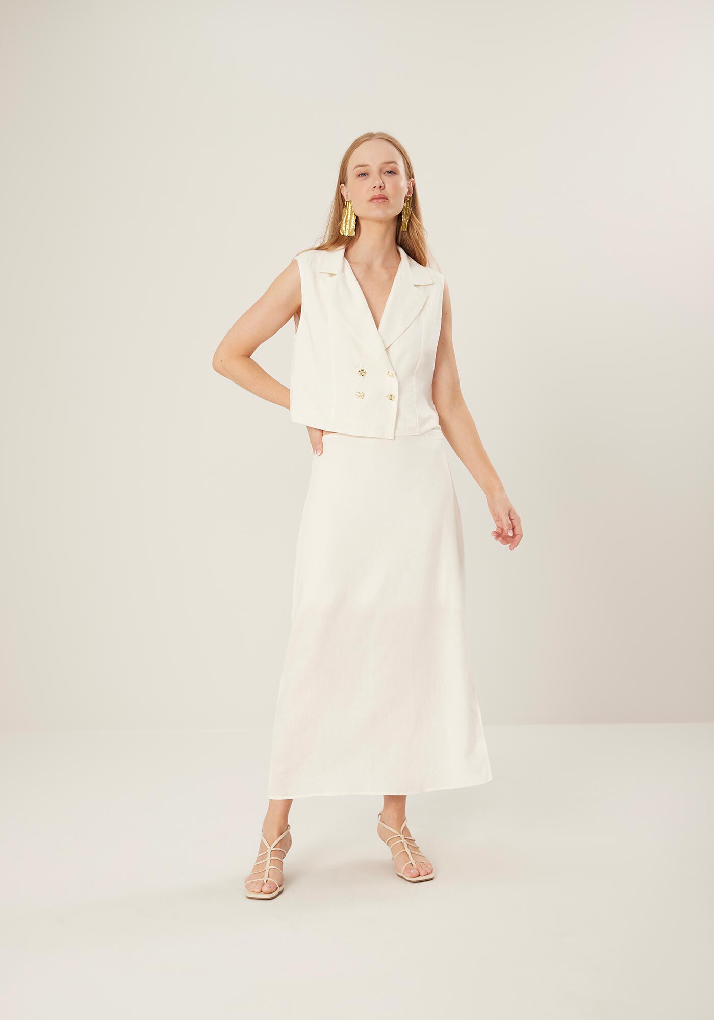 Colete Curto em Linho com Abotoamento Duplo, , large.