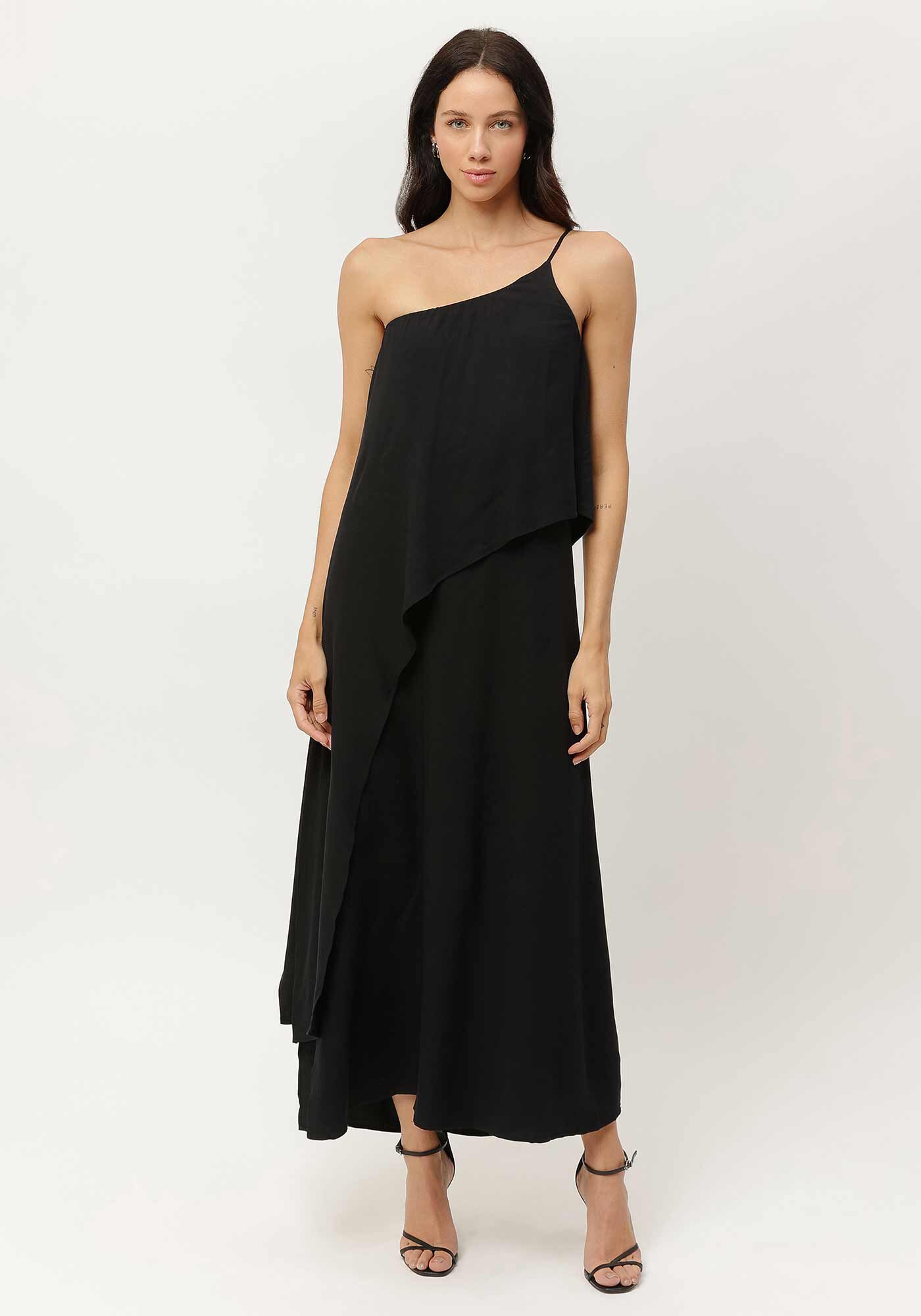 Vestido Midi Ombro S&oacute; em Crepe com Babado, , large.