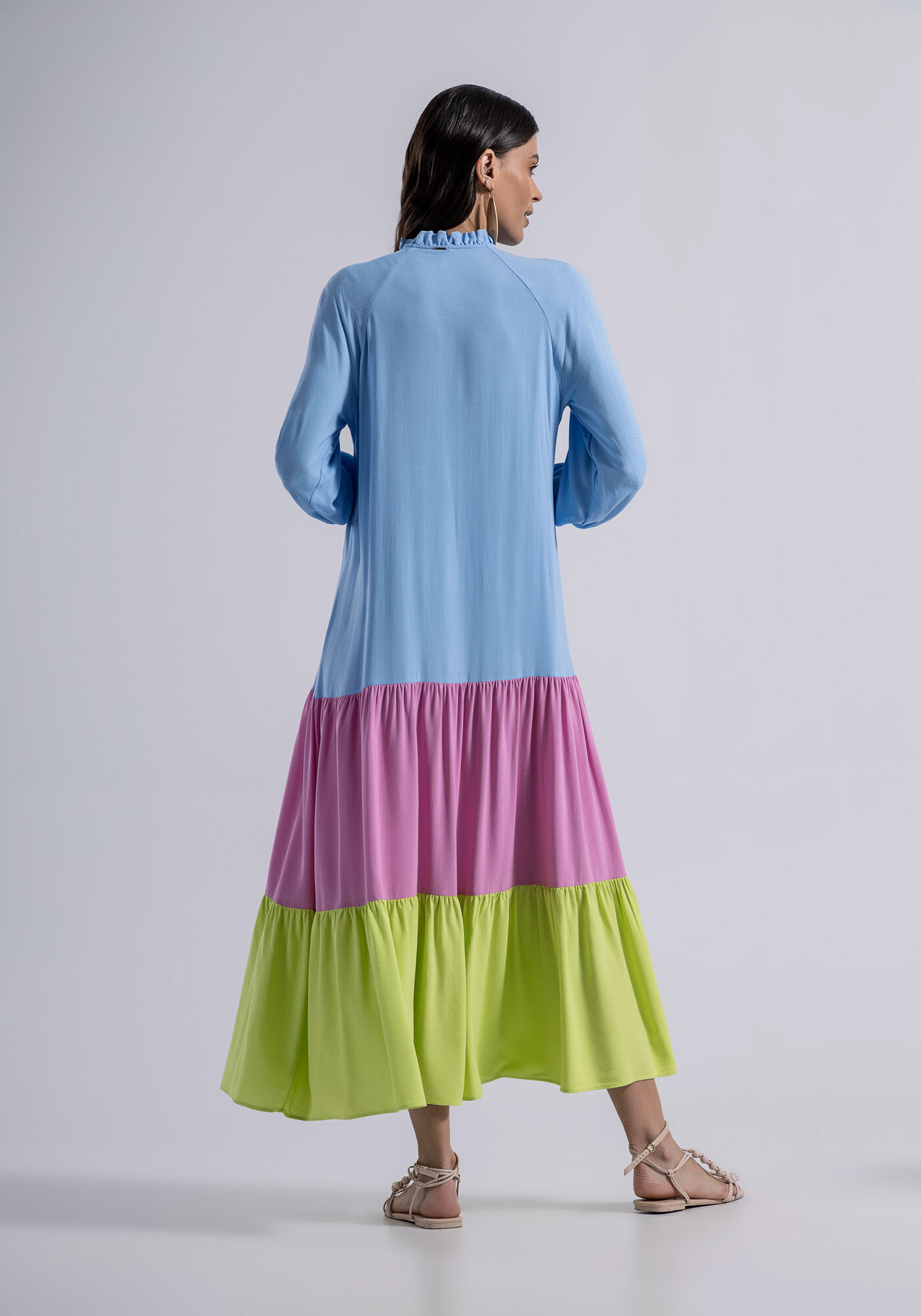 Vestido Midi Manga 3/4 em Viscose com Babados, , large.