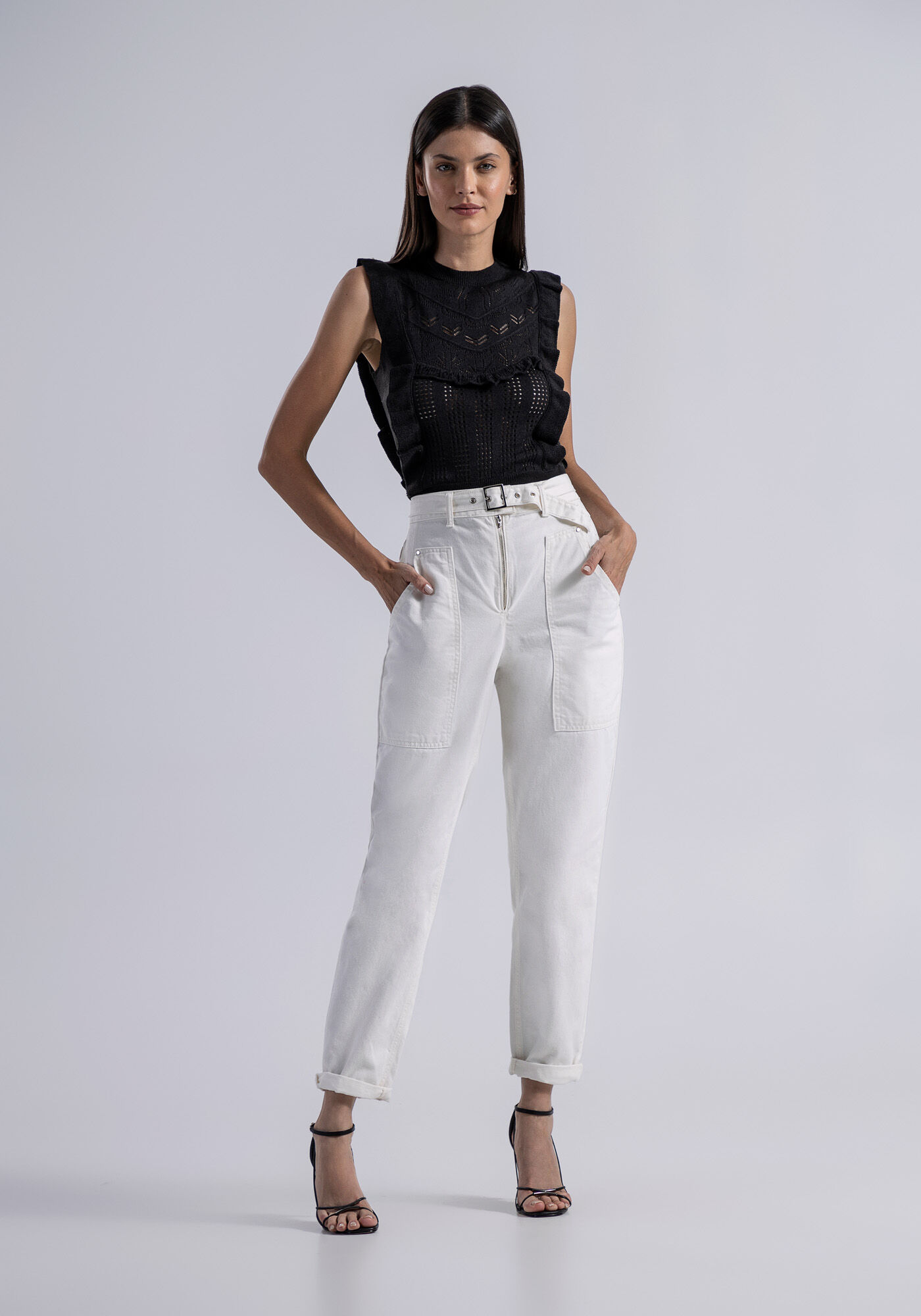 Blusa sem Mangas em Tric&ocirc; com Babados, , large.