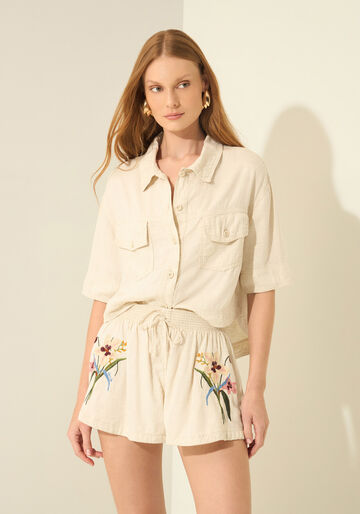 Shorts Bordado De Cintura Alta Em Sarja Com Linho, NATURAL. Shorts Bordado De Cintura Alta Em Sarja Com Linho, NATURAL, large.