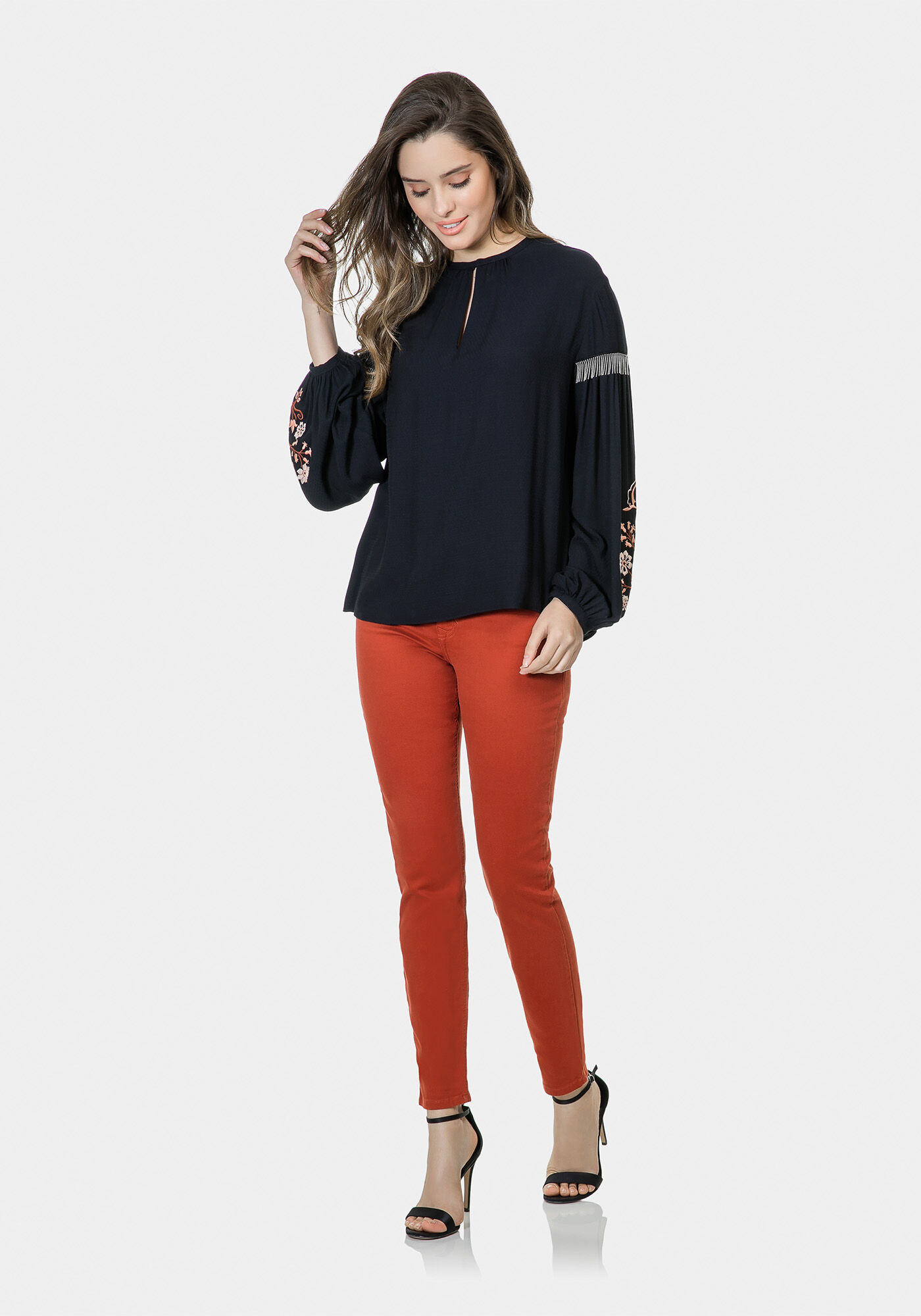 Blusa Manga Longa Bordado Tecido, , large.