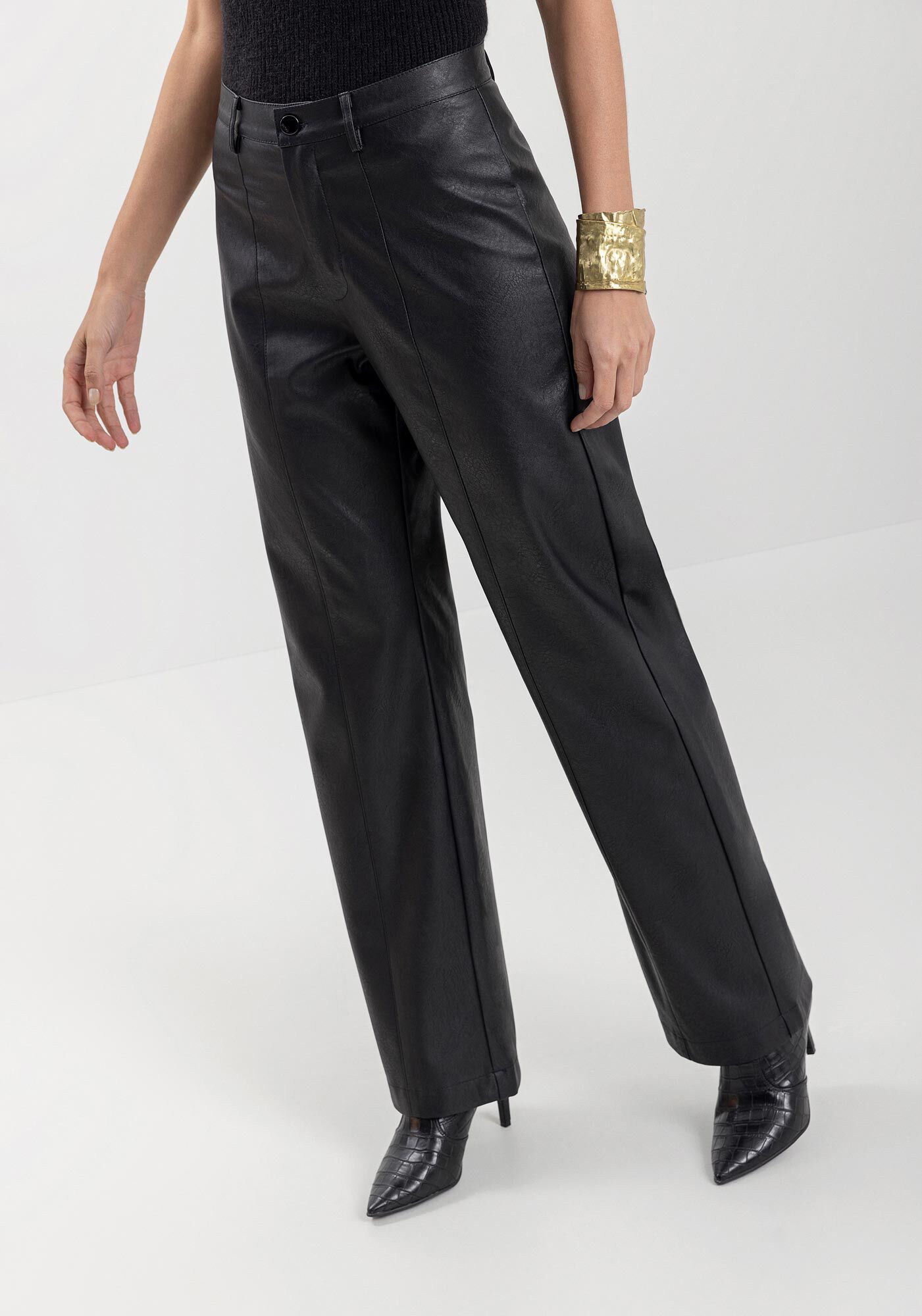 Cal&ccedil;a Reta Em PU Com Passantes E Cintura M&eacute;dia, , large.