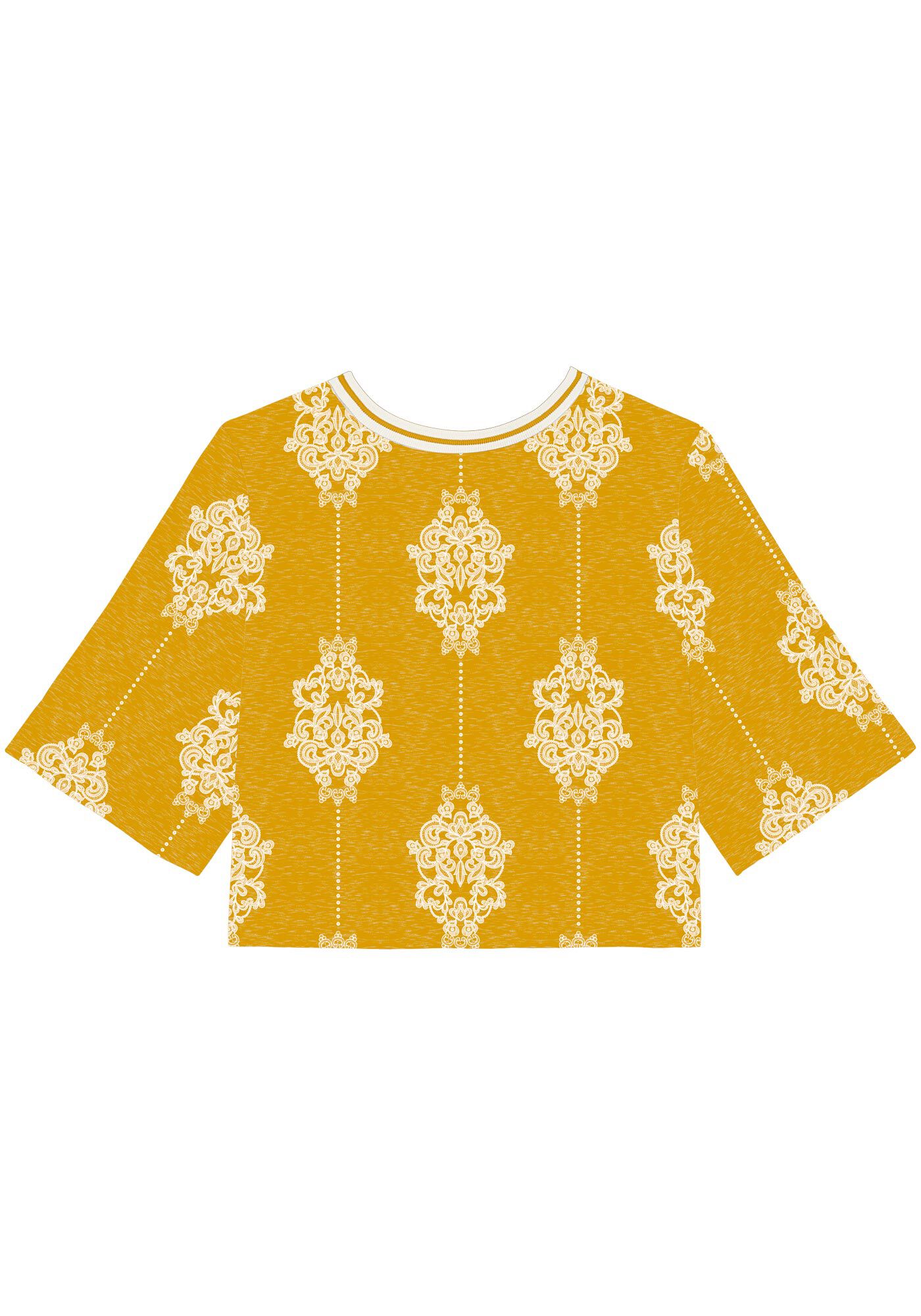 Blusa Curta Estampada Com Mangas M&eacute;dias E Gola Em Retil&iacute;nea, , large.