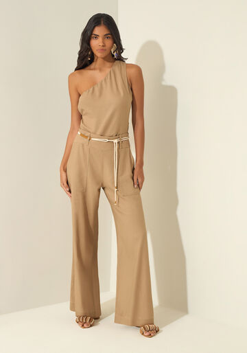 Calça Pantalona De Cintura Alta Com Linho, BEGE ALIEN. Calça Pantalona De Cintura Alta Com Linho, BEGE ALIEN, large.