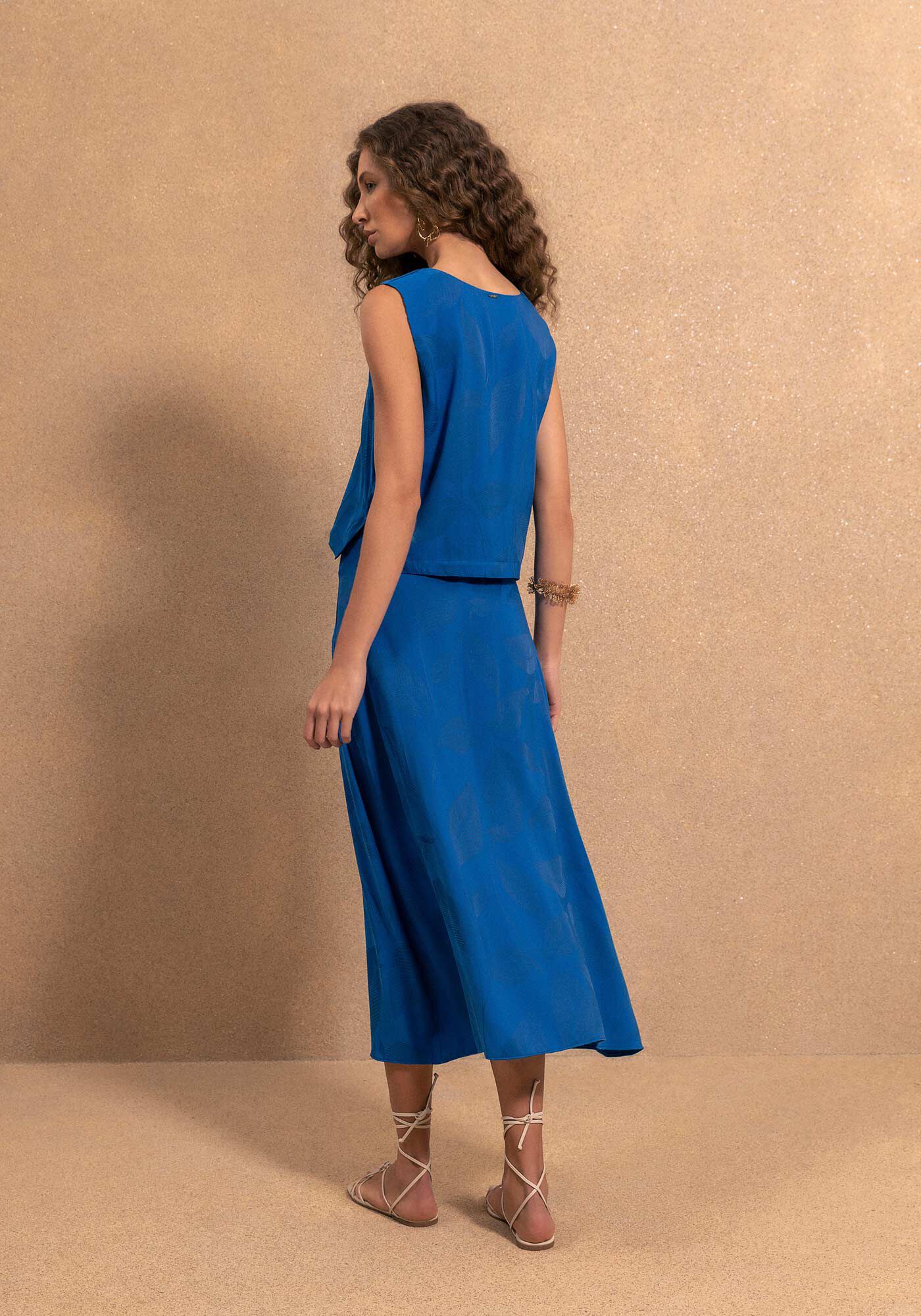 Saia Ch&aacute; Estampada Com Cintura Alta E Z&iacute;per Lateral, AZUL NAIVE, large.