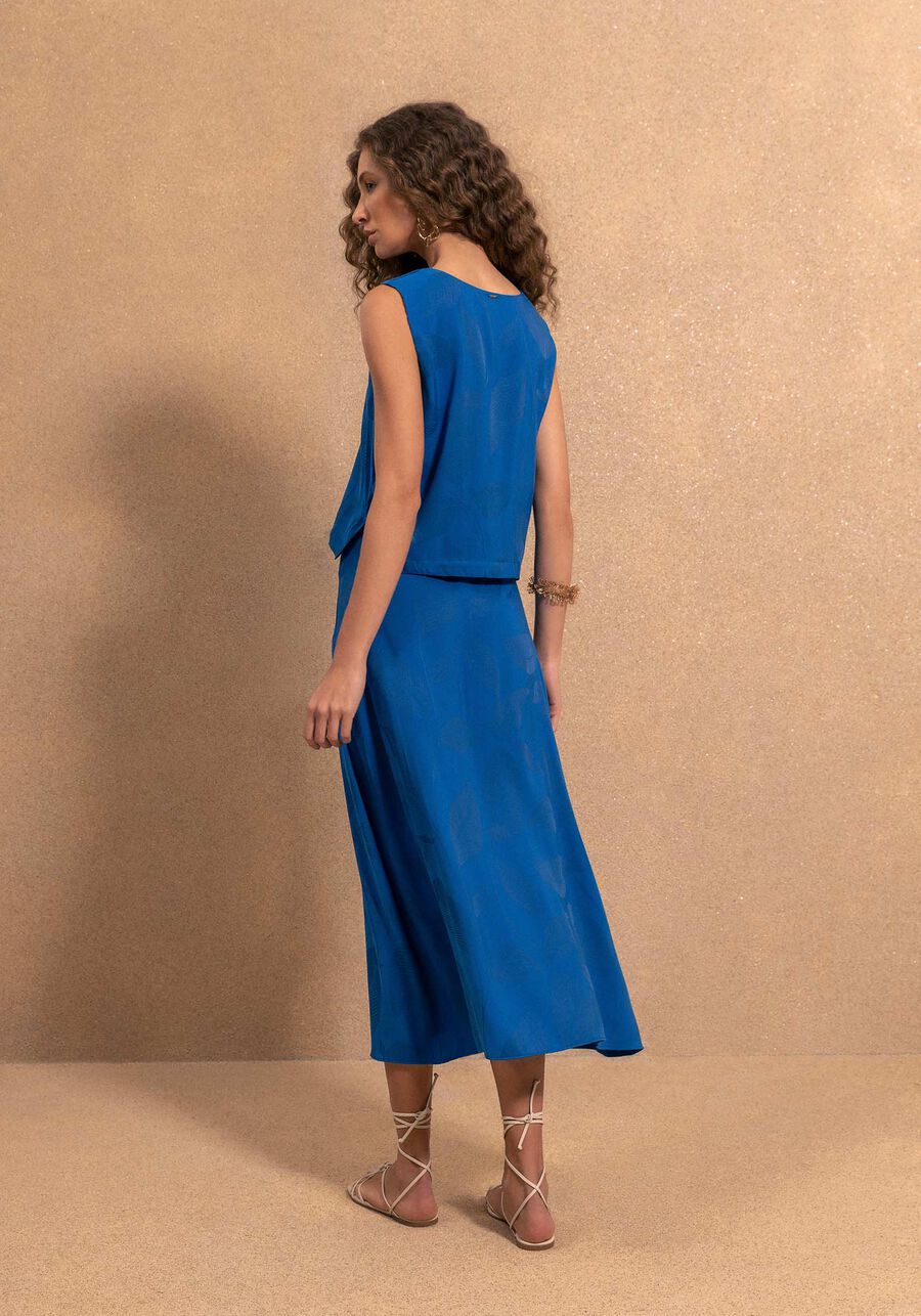 Saia Chá Estampada Com Cintura Alta E Zíper Lateral, AZUL NAIVE. Saia Chá Estampada Com Cintura Alta E Zíper Lateral, AZUL NAIVE, large.