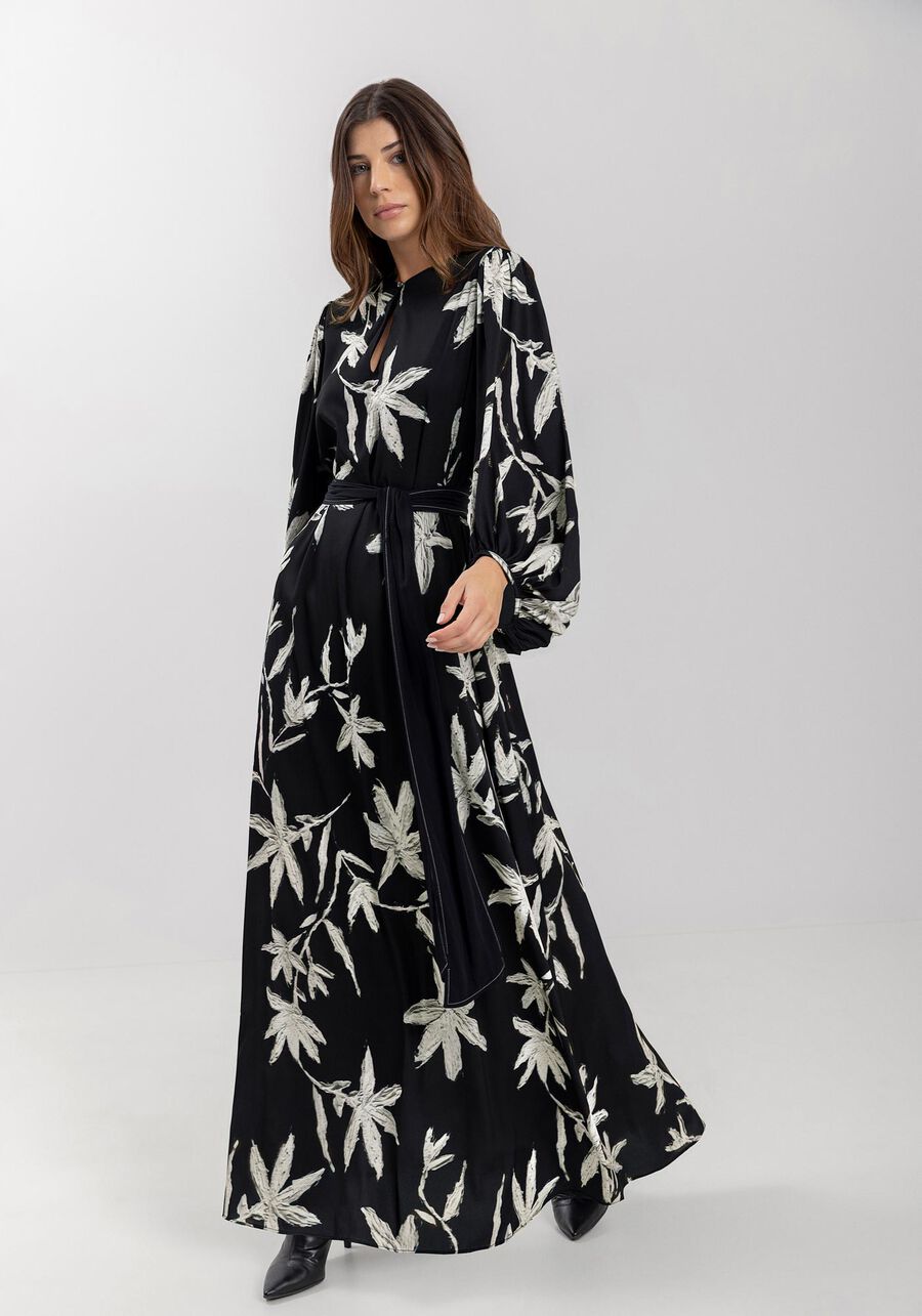 Vestido Longo Estampado Com Mangas Amplas E Faixa Ajustável, . Vestido Longo Estampado Com Mangas Amplas E Faixa Ajustável, , large.