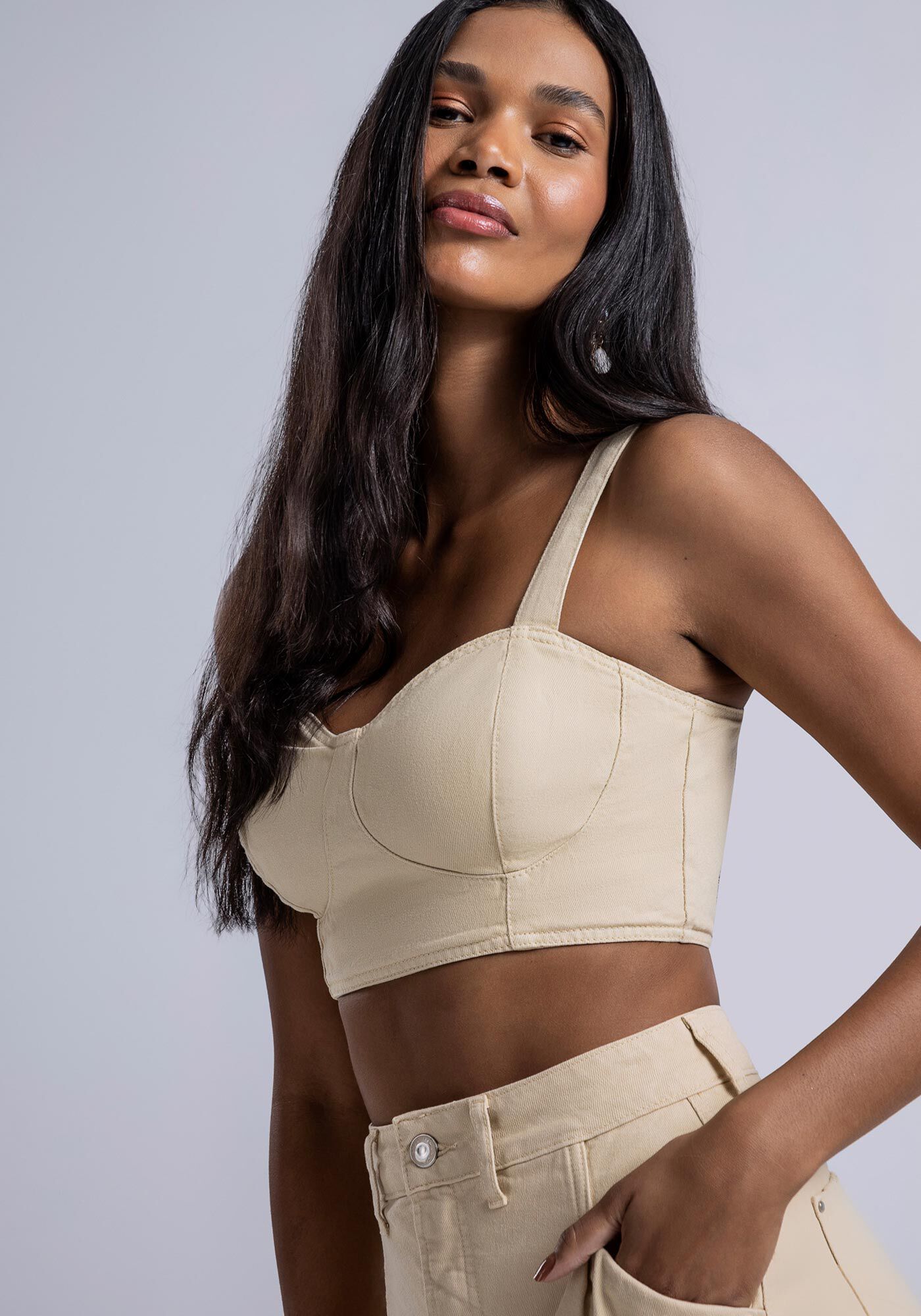 Blusa Sarja Cropped com Recorte Busto, , large.