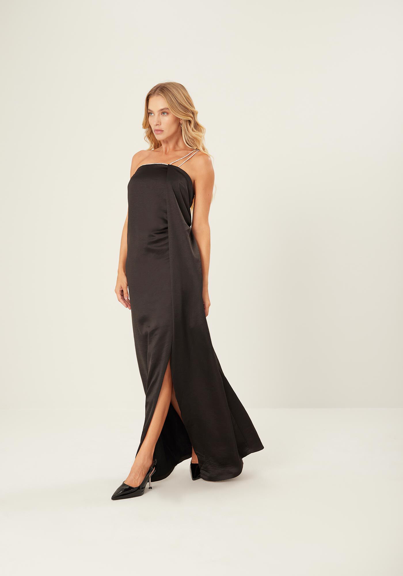 Vestido Longo Um Ombro S&oacute; com Al&ccedil;as Strass, , large.