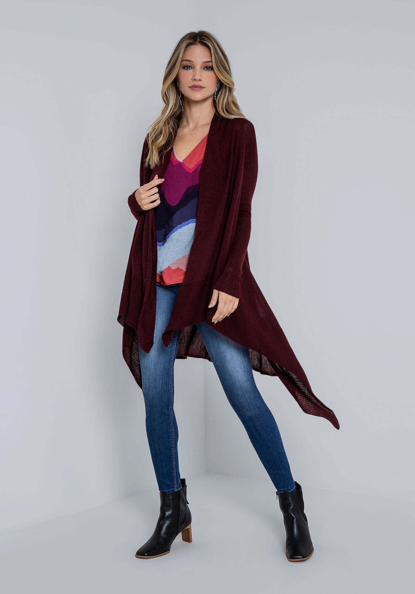 Cardigan Alongado Tric&ocirc; Barra Assim&eacute;trica, BORDO WITCH, large.