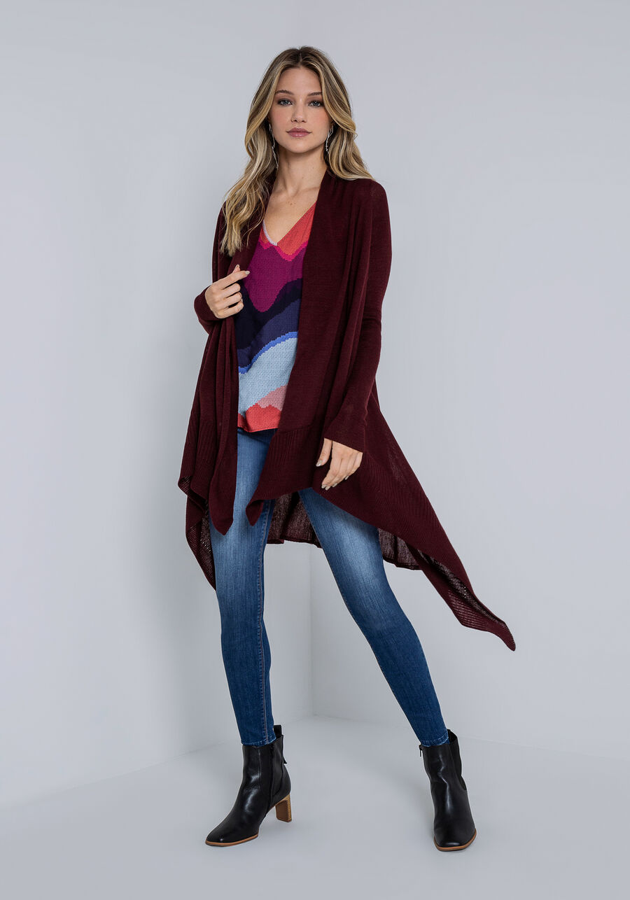 Cardigan Alongado Tricô Barra Assimétrica, BORDO WITCH. Cardigan Alongado Tricô Barra Assimétrica, BORDO WITCH, large.