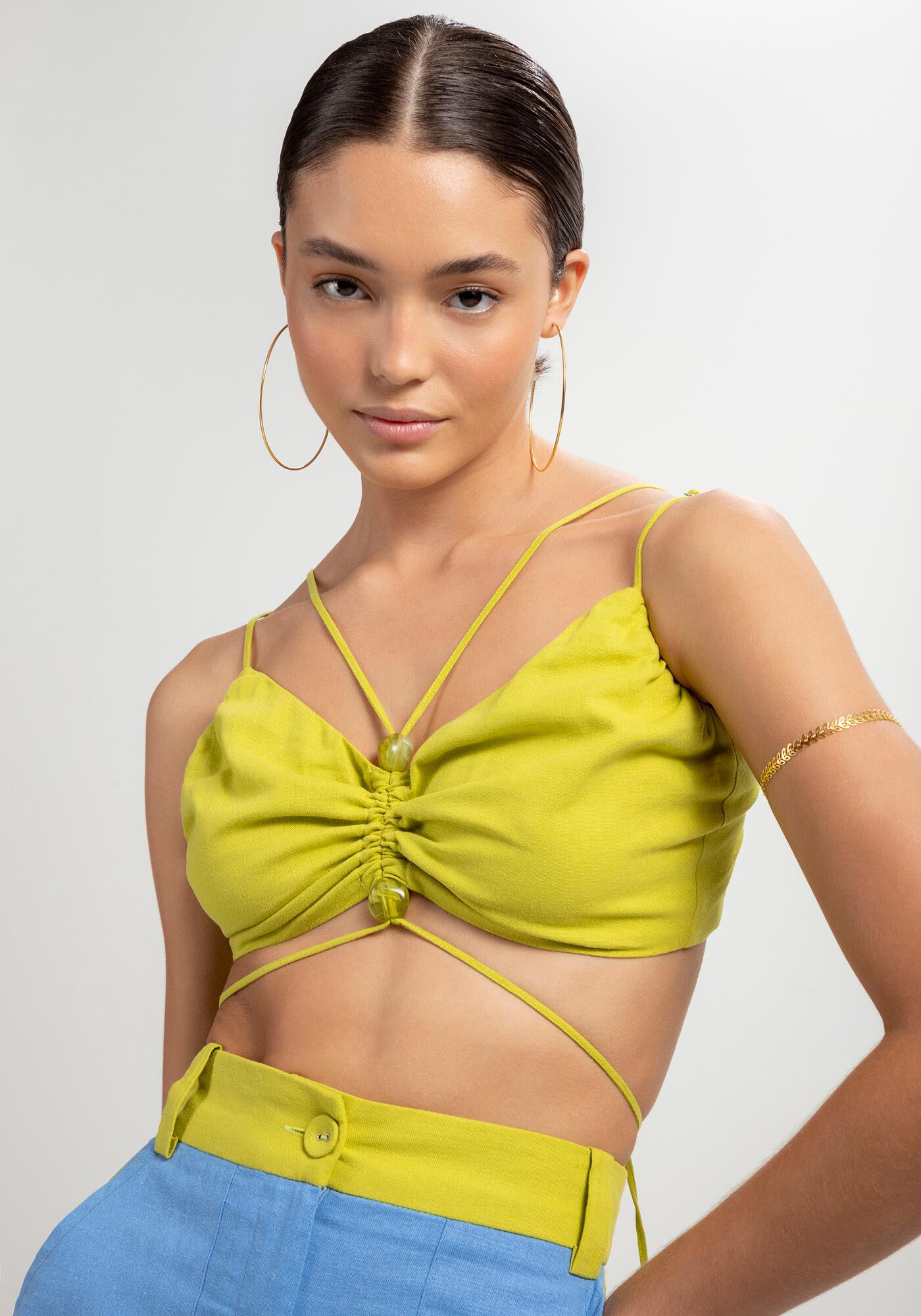 Top em Linho com Tiras e Franzido Busto, AMARELO ENCANTO, large.