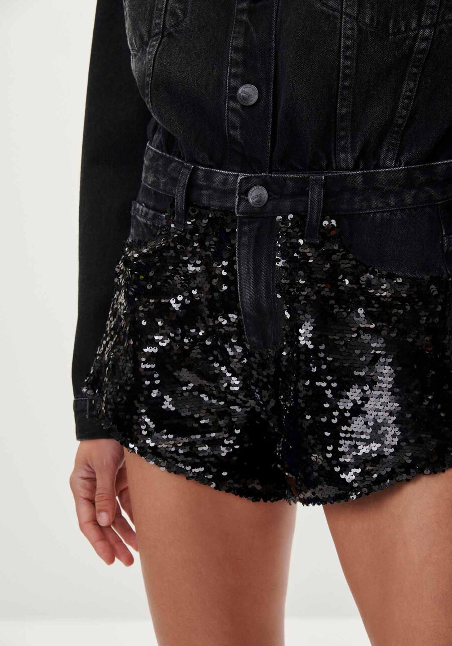 Shorts Jeans Linha A com Paetês, PRETO REATIVO, large.