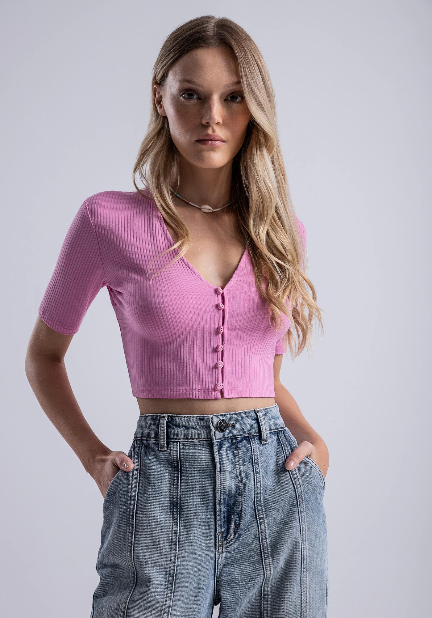 Blusa Cropped Canelada com Bot&otilde;es, , large.