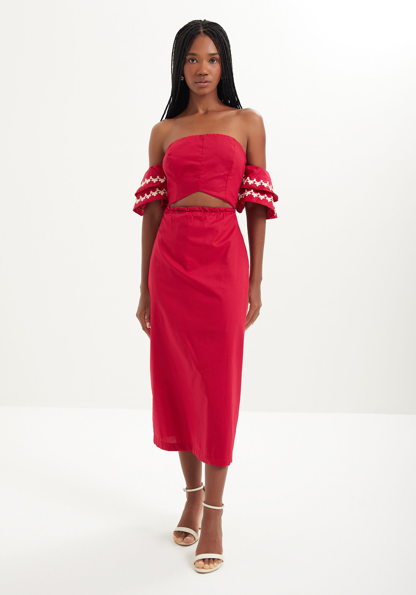 Vestido Ombro A Ombro Com Bordado E Recorte, VERMELHO PASSION, large.