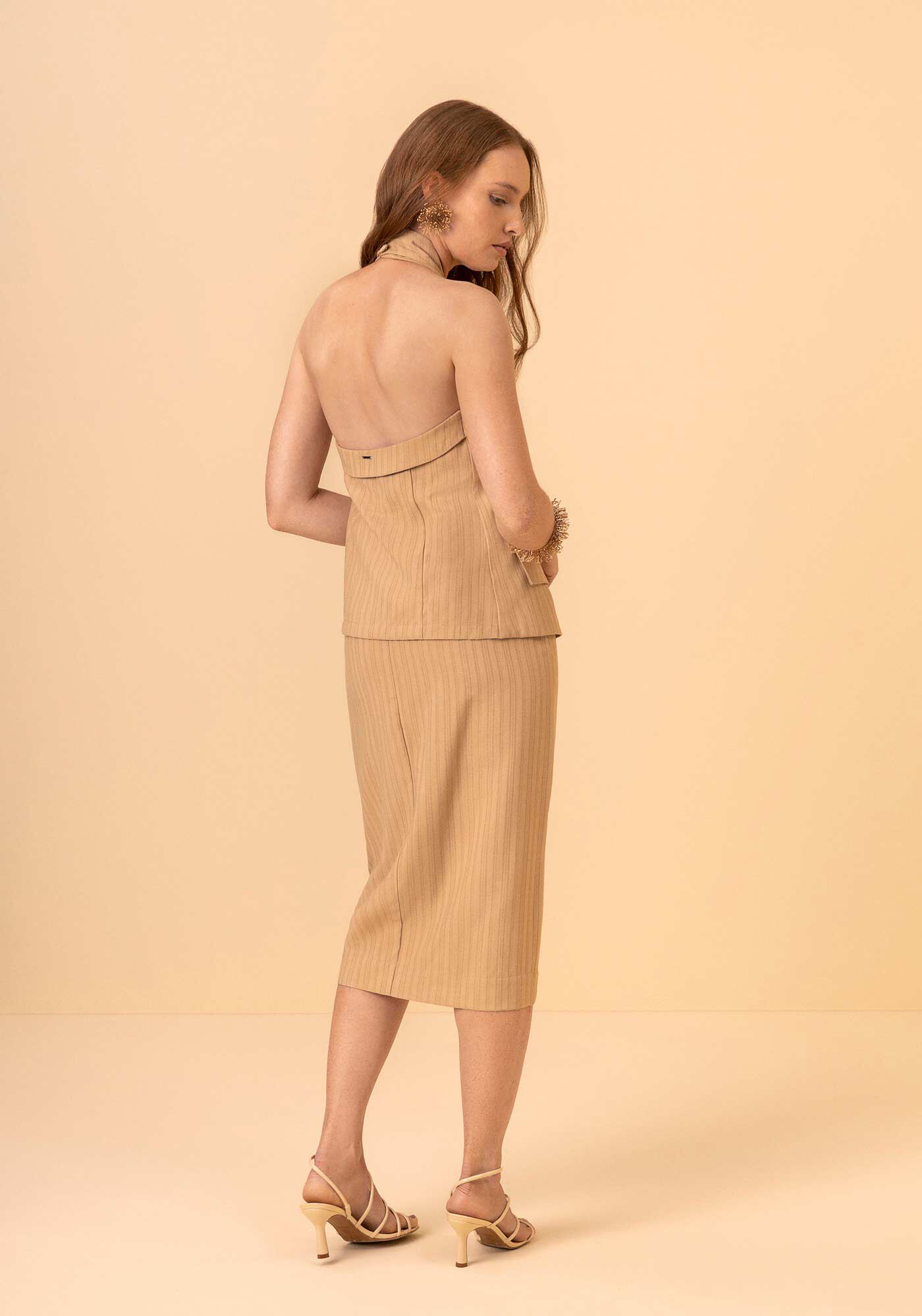 Saia Midi Ch&aacute; Listrada De Cintura Alta Com Fenda E Bot&otilde;es, BEGE BISCUIT, large.