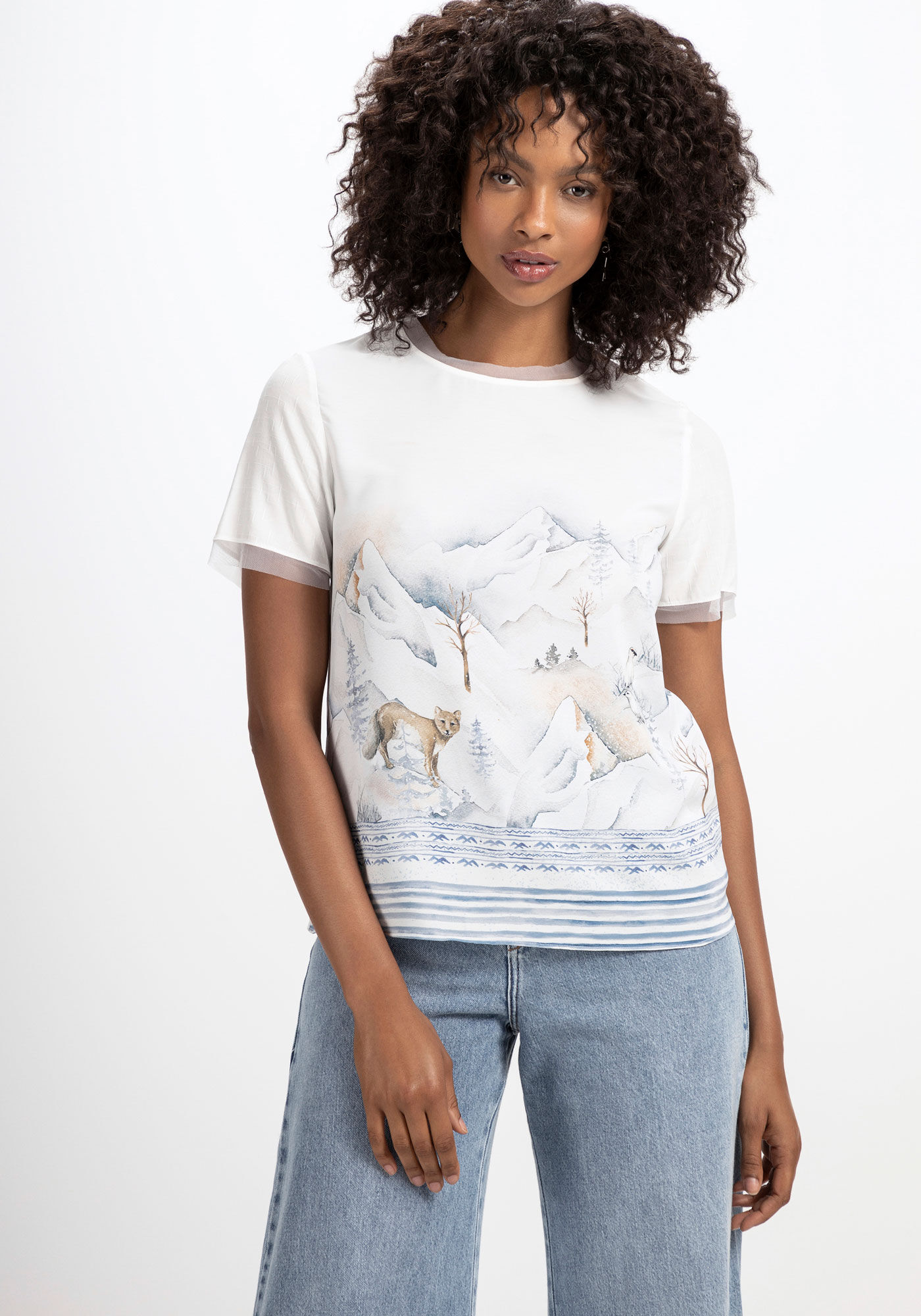 Blusa Estampada com Detalhes Tule, FOX, large.