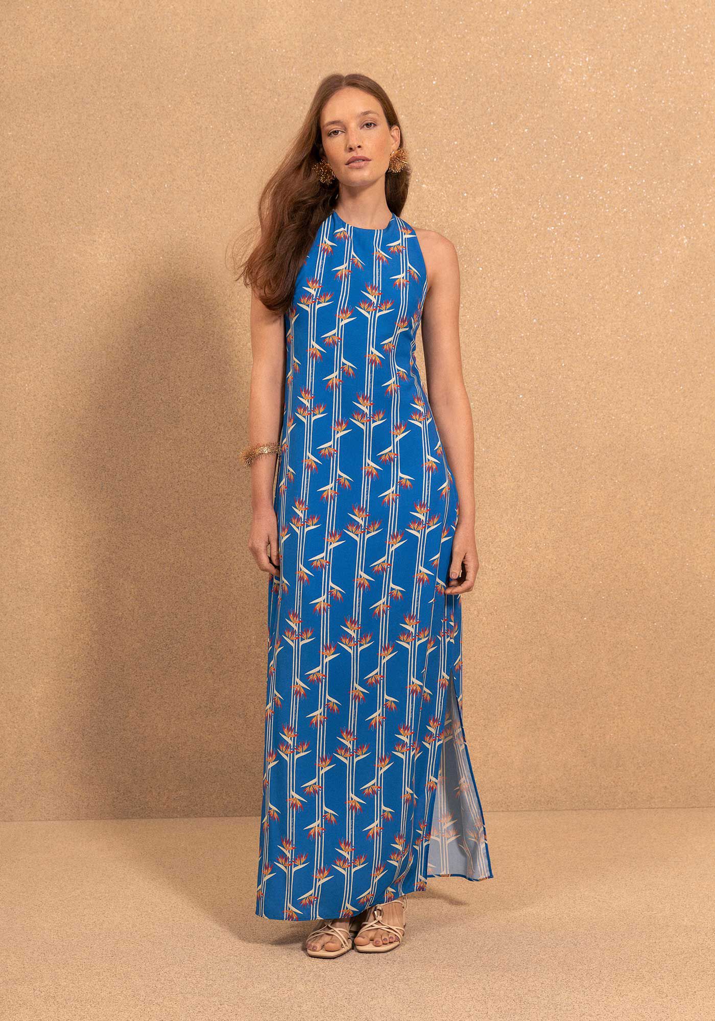 Vestido Longo Estampado Com Al&ccedil;as Cruzadas Nas Costas, STRELIZIA MINI AZUL, large.