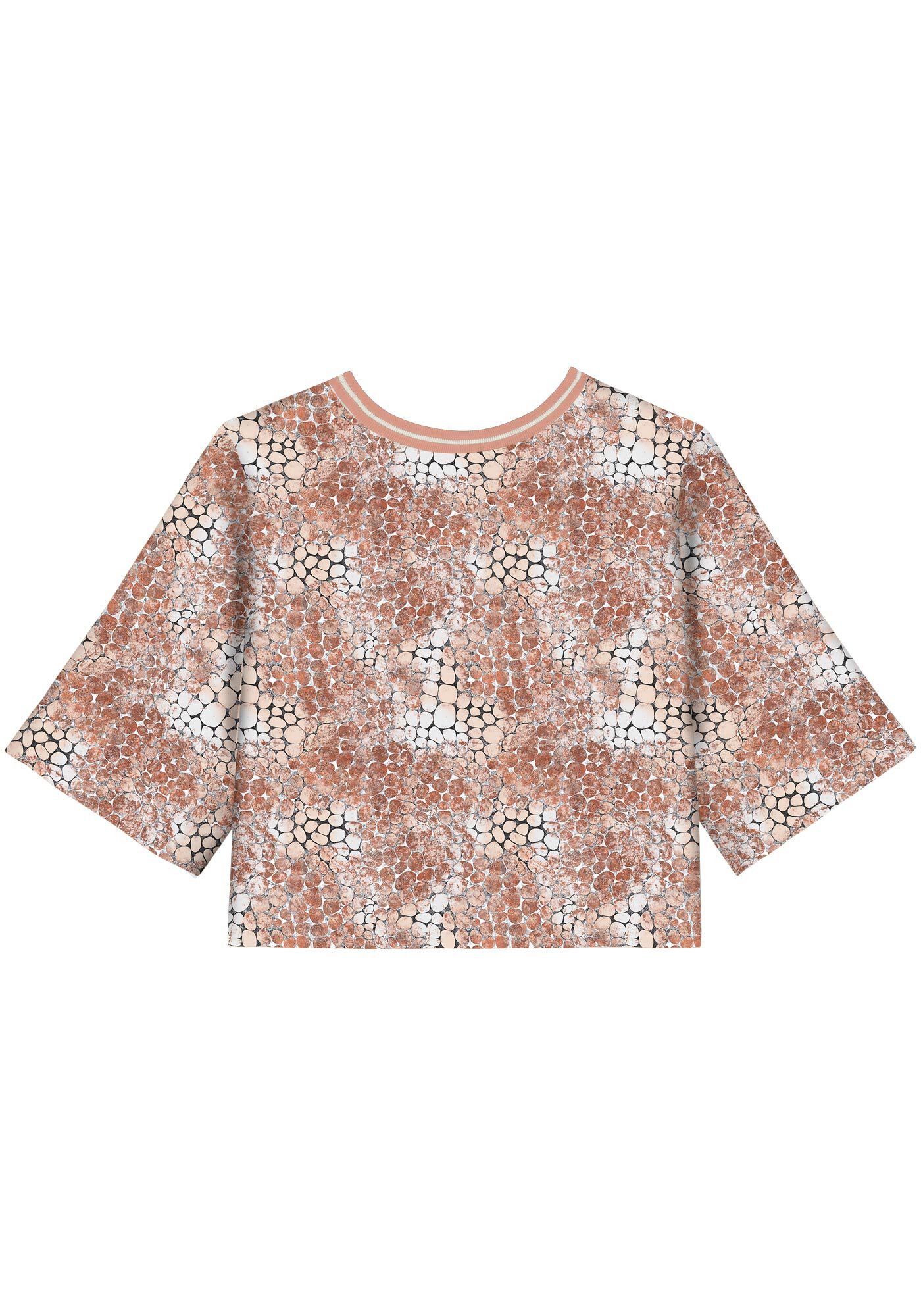 Blusa Curta Estampada Com Mangas M&eacute;dias E Gola Em Retil&iacute;nea, , large.