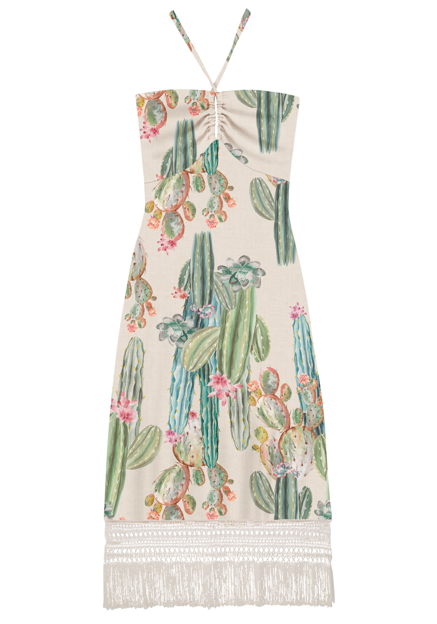 Vestido Frente &Uacute;nica Midi em Crepe com Franjas, , large.