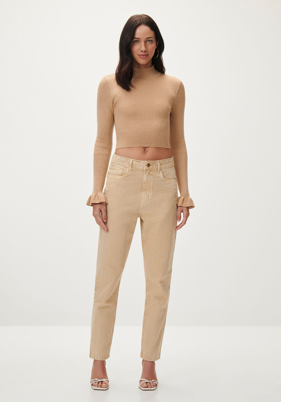 Blusa Cropped em Tricô com Detalhe Babado, BEGE OR FIV. Blusa Cropped em Tricô com Detalhe Babado, BEGE OR FIV, large.