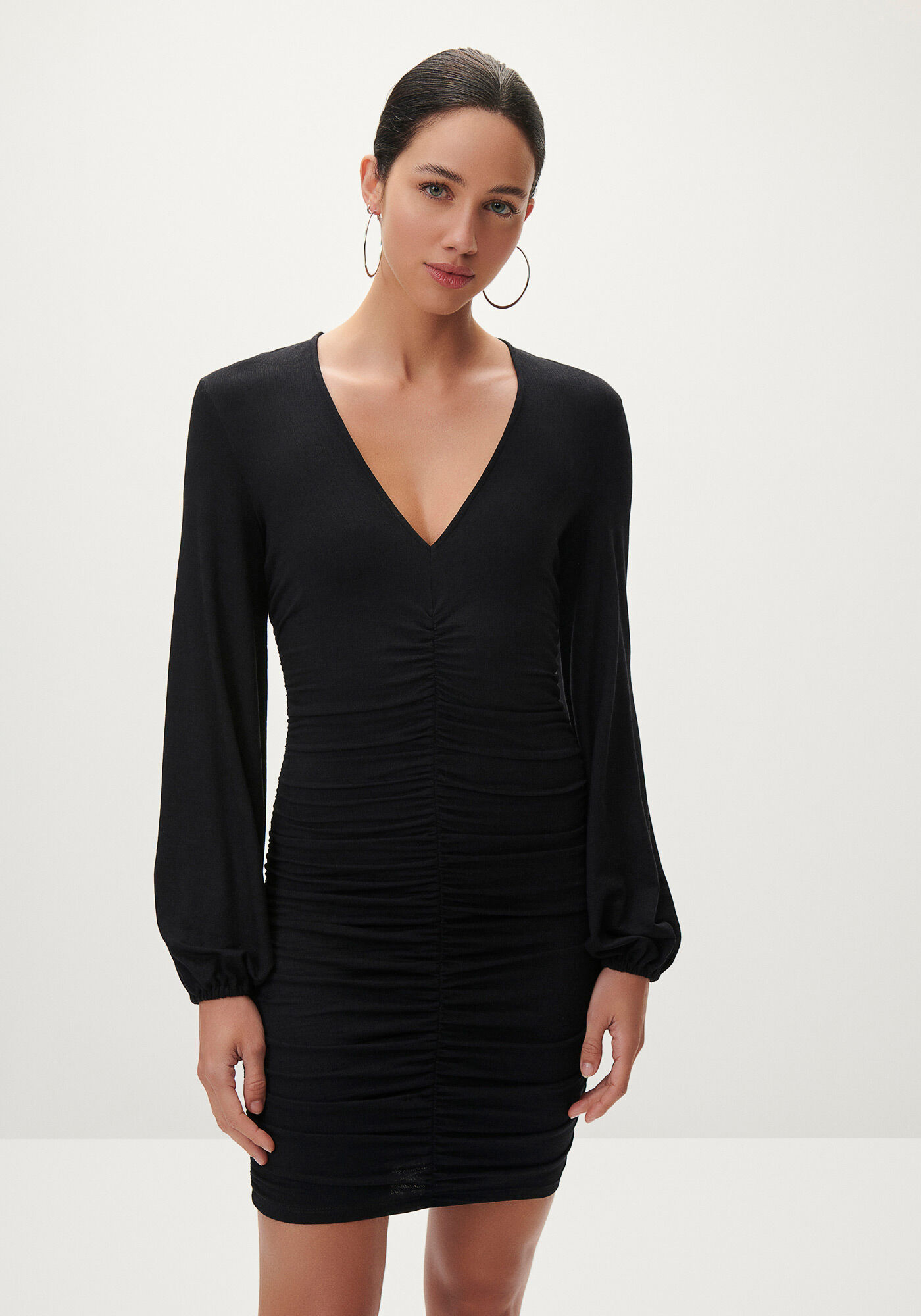 Vestido Curto Franzido com Manga Longa Bufante, , large.