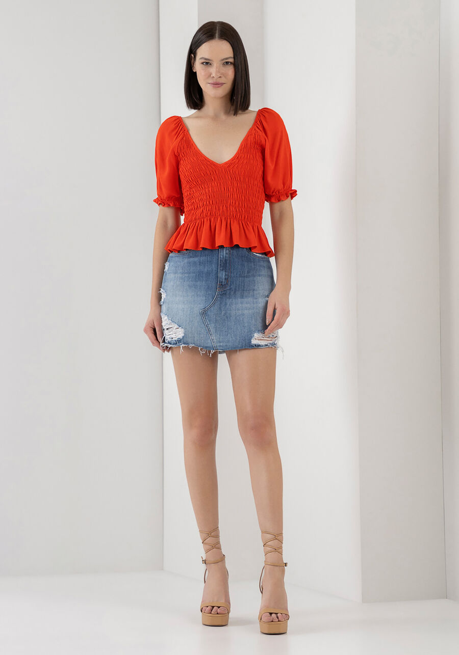 Blusa Manga Curta Bufante em Crepe com Lastex, . Blusa Manga Curta Bufante em Crepe com Lastex, , large.