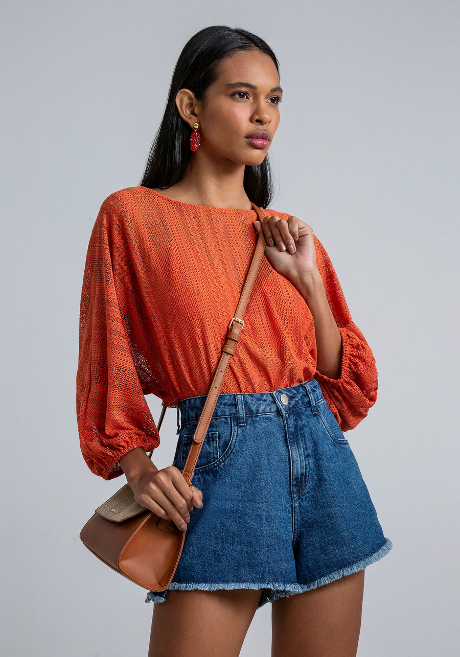 Blusa Manga 3/4 Bufante Renda, LARANJA. Blusa Manga 3/4 Bufante Renda, LARANJA, large.