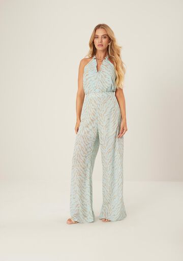 Calça Pantalona Cintura Alta em Chiffon Estampada, SAND AZUL. Calça Pantalona Cintura Alta em Chiffon Estampada, SAND AZUL, large.