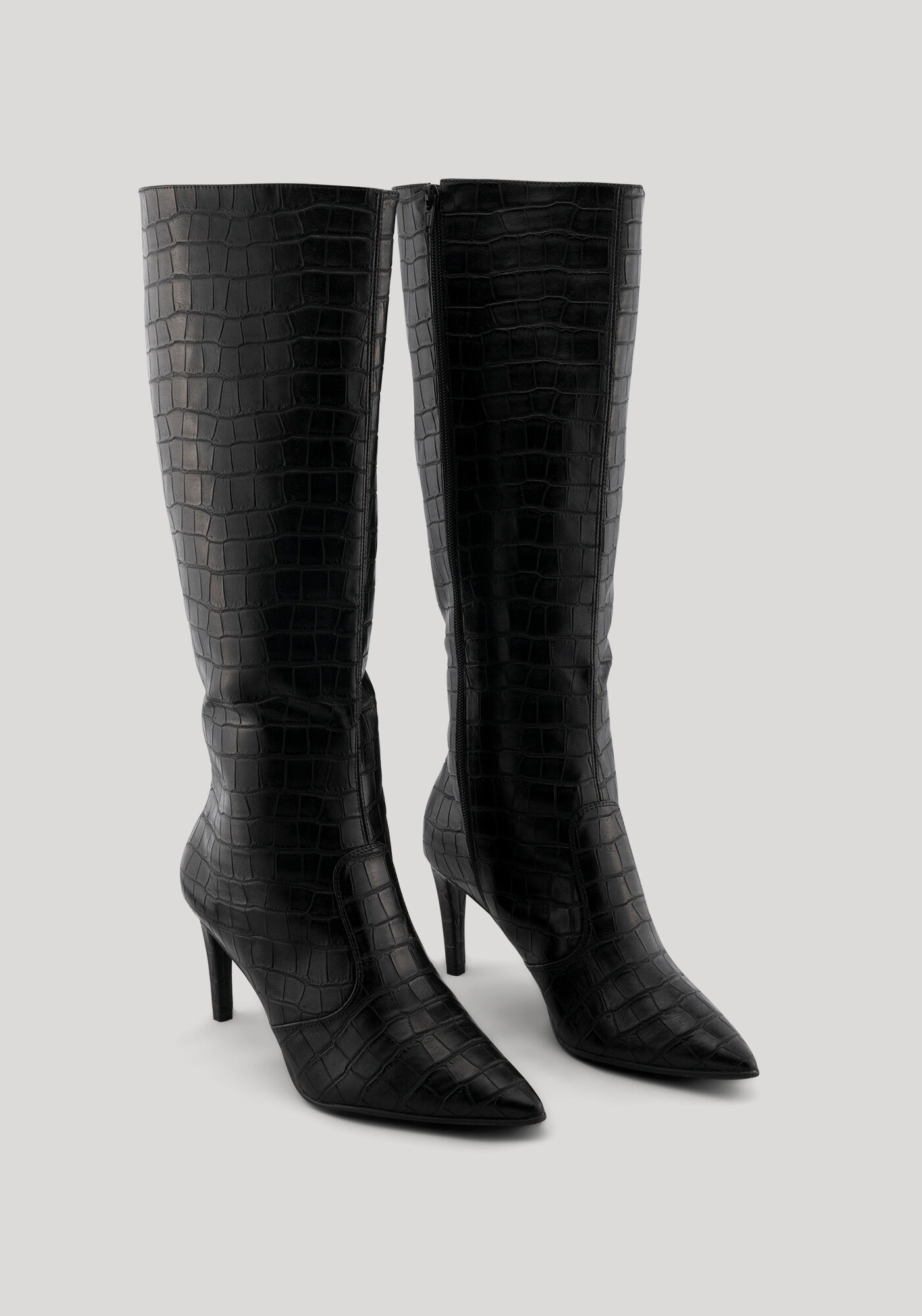 Bota Croco De Cano Alto Com Salto Forrado E Bico Fino, PRETO, large.