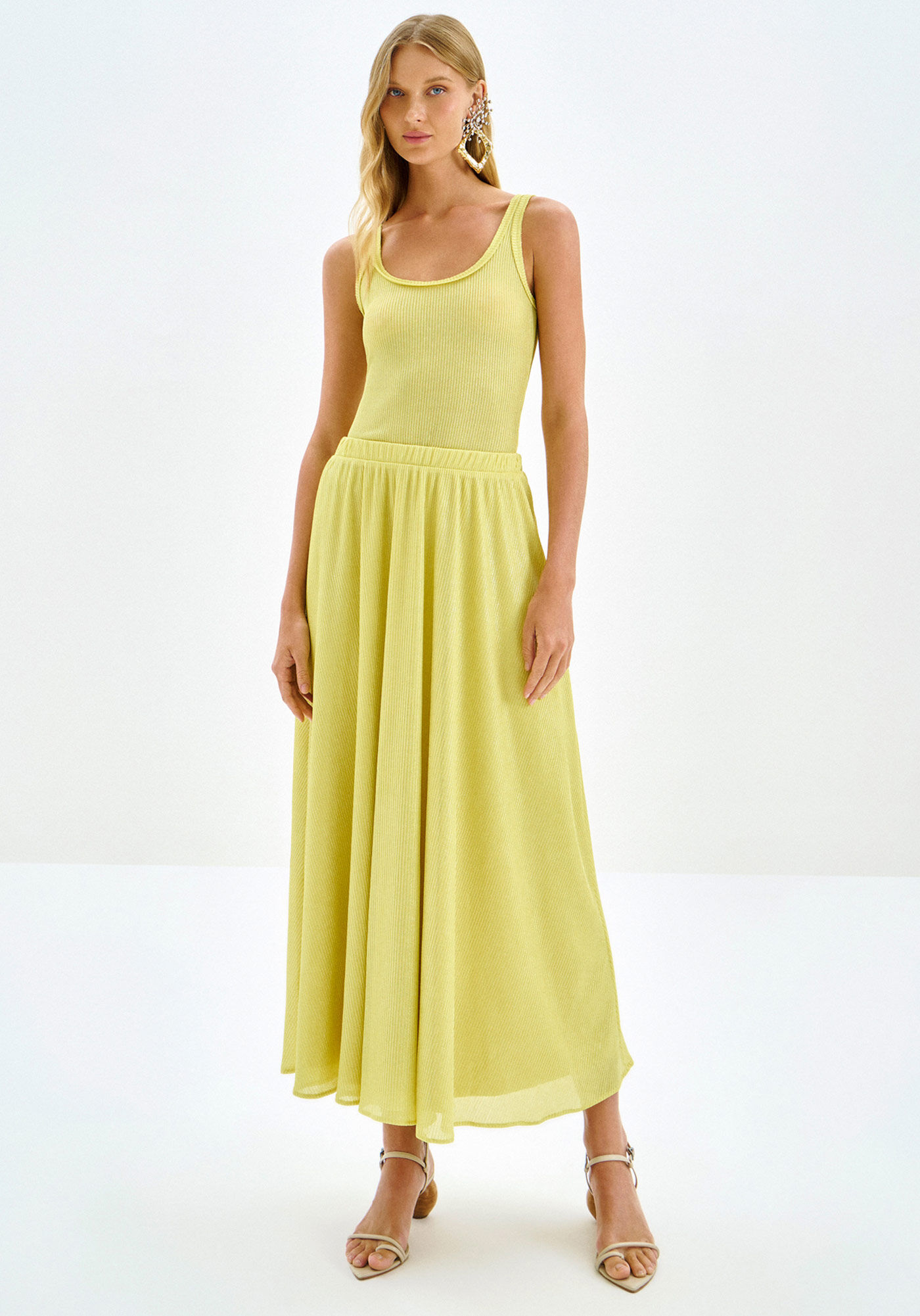 Saia Midi Evas&ecirc; Canelada com Brilho, VERDE PING, large.