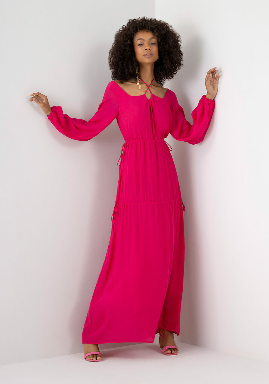 Vestido Longo Manga Longa com Amarração, ROSA HIGH PINK. Vestido Longo Manga Longa com Amarração, ROSA HIGH PINK, large.